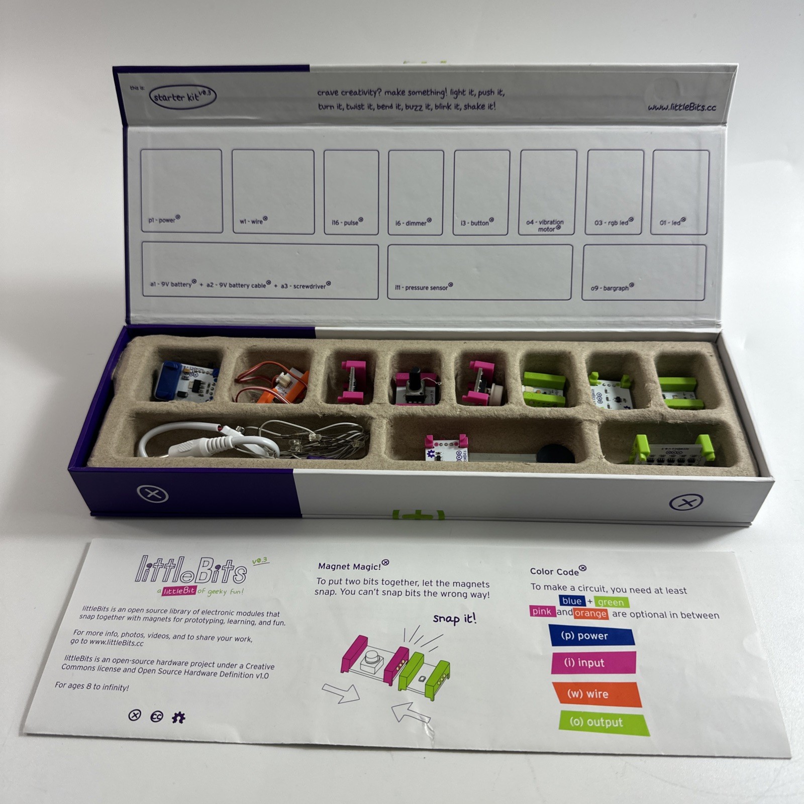 Little Bits Starter Kit V0.3 Complete Kit 11 Pieces In Box (no 9v battery)