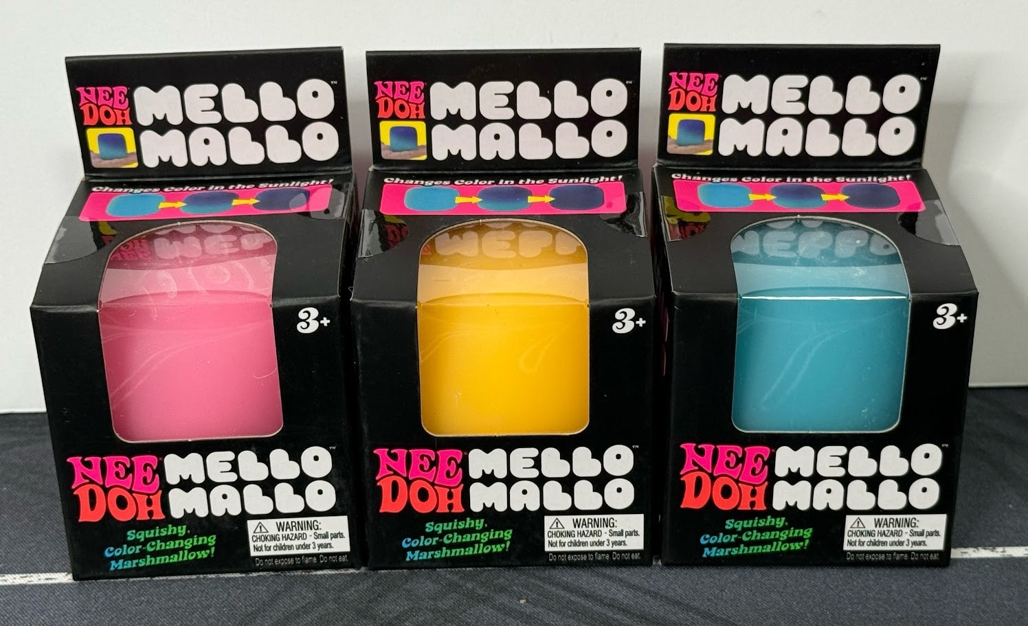 Lot of 3 NeeDoh Nee Doh Mello Mallo Blue Pink Yellow Color Changing Squishy