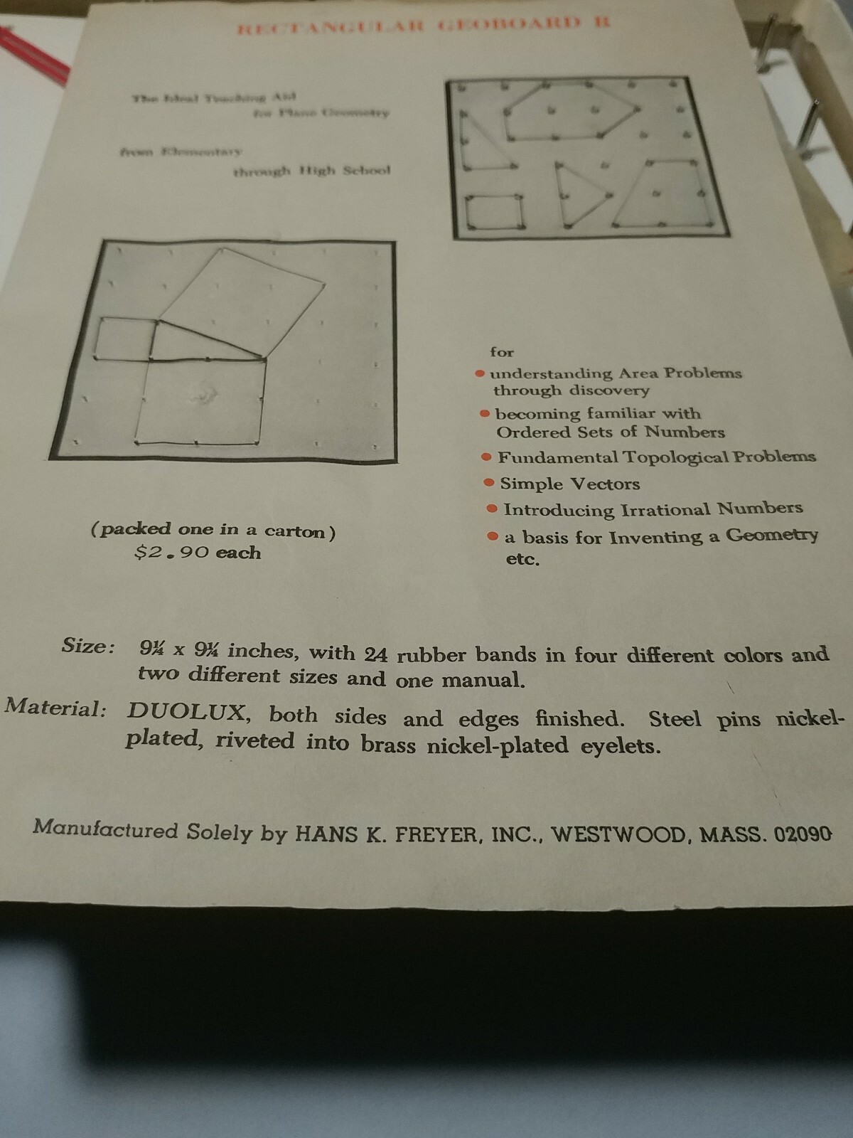 Vtg Rectangular Geoboard “R”–Mathematics, Geometry-visual learn-Hns Freyer