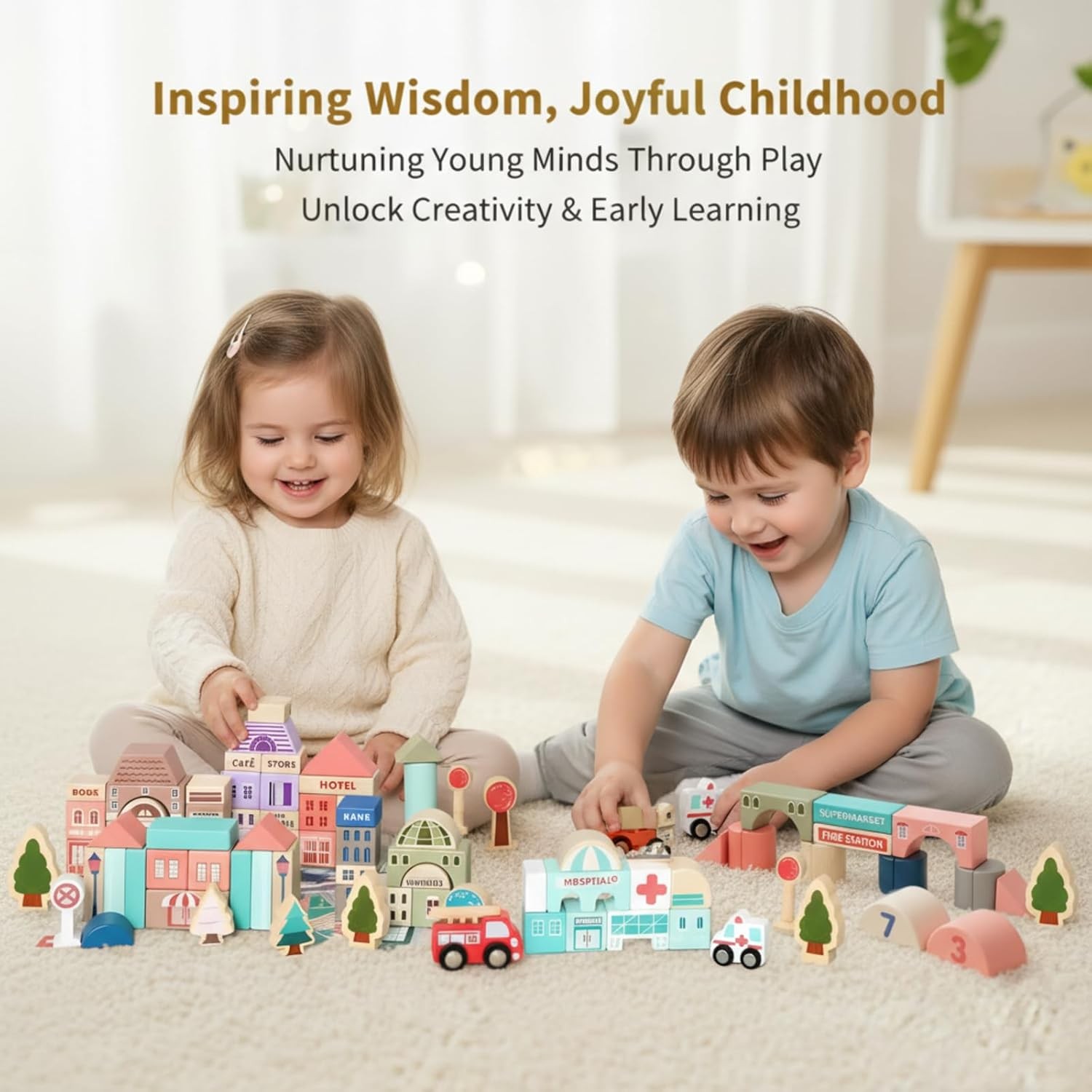 Migargle Wooden Building Blocks Set, 115 Pcs City Construction Stacker Stacking
