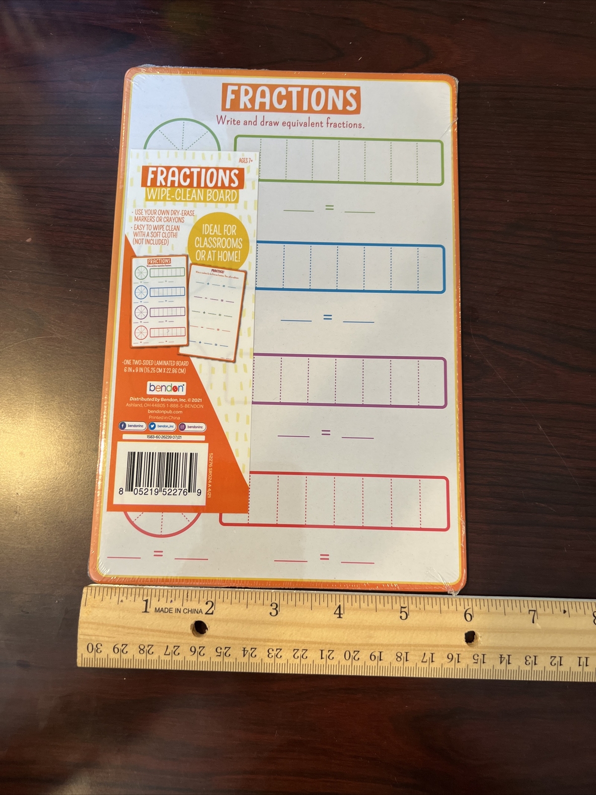 Bendon fractions dry erase board, Wipe Clean, 6in.x 9inch. Double Sided- NEW