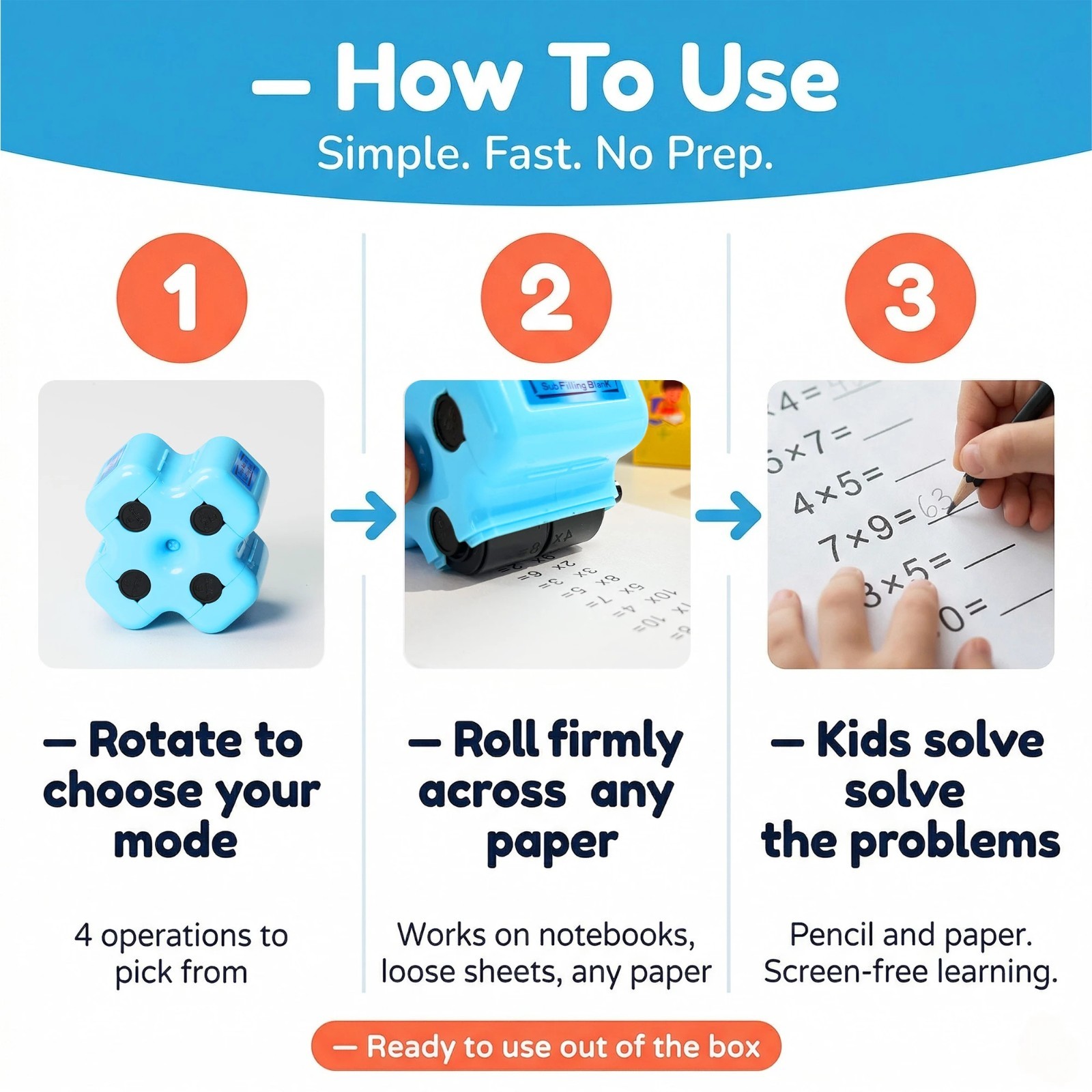 GoldenEgg Math Teacher 4-in-1 Stamp Roller for Kids Ages 5-10 (SKY BLUE)