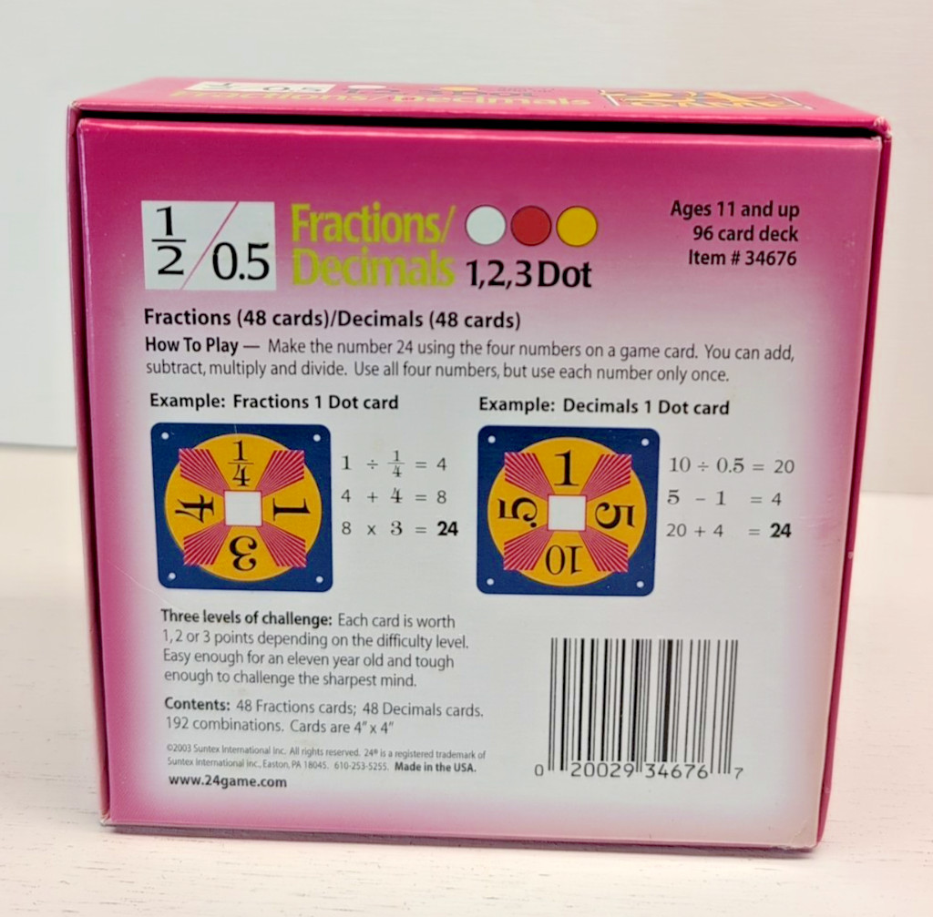 24 GAME FRACTIONS DECIMALS EDITION 96 CARD DECK MATH GAME, AGES 11+ BY SUNTEX