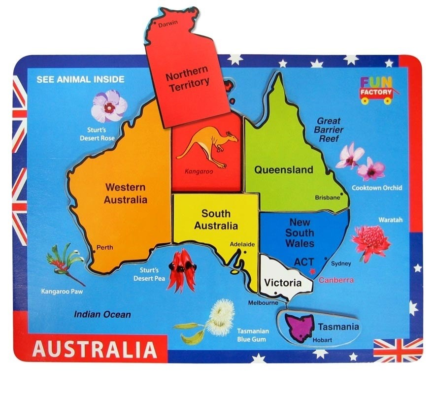 Fun Factory Raised Australia Map Raised Puzzle Educational Wooden Toys