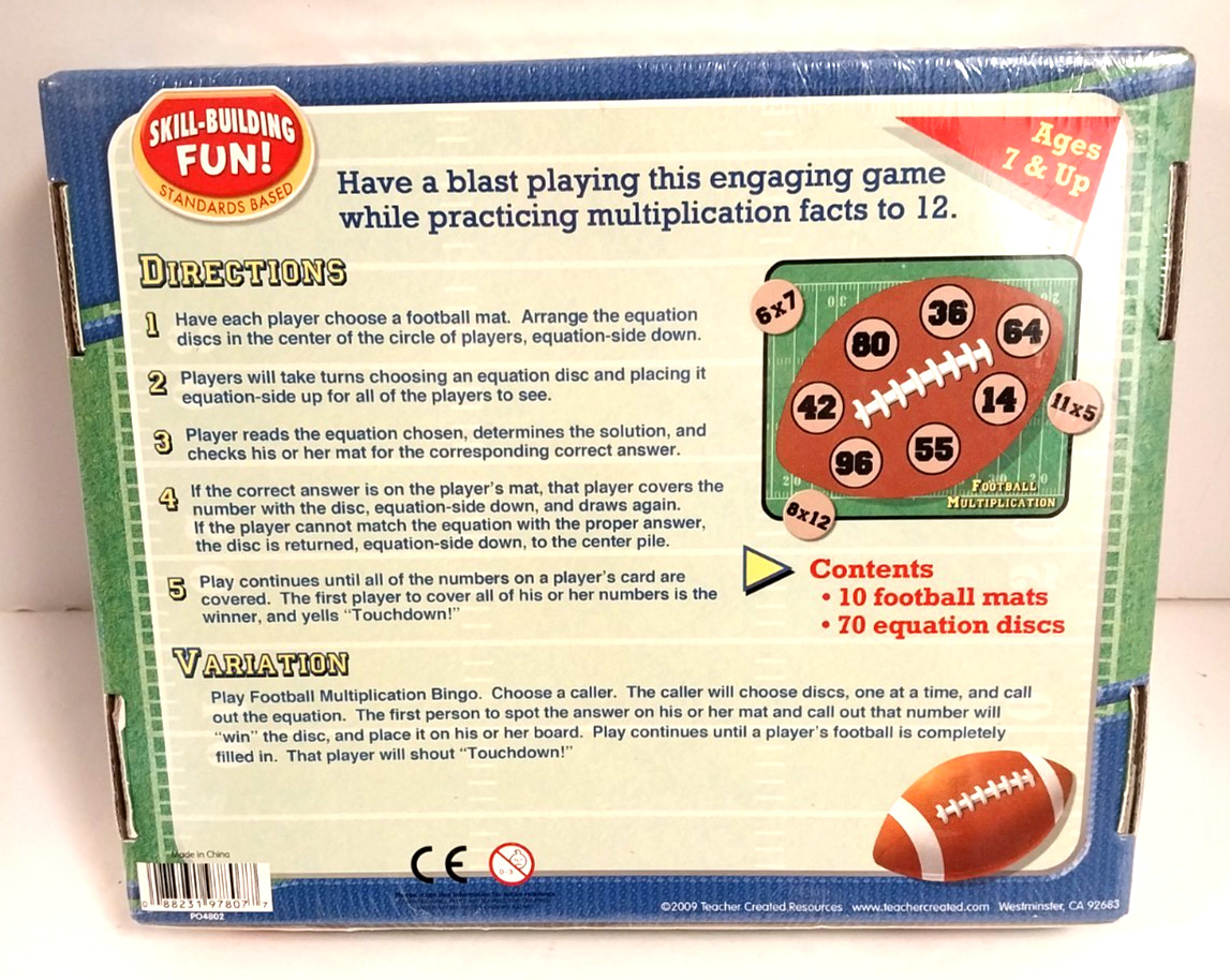 Teacher Created Resources : Football Multiplication Bingo Game 2-10 Players New