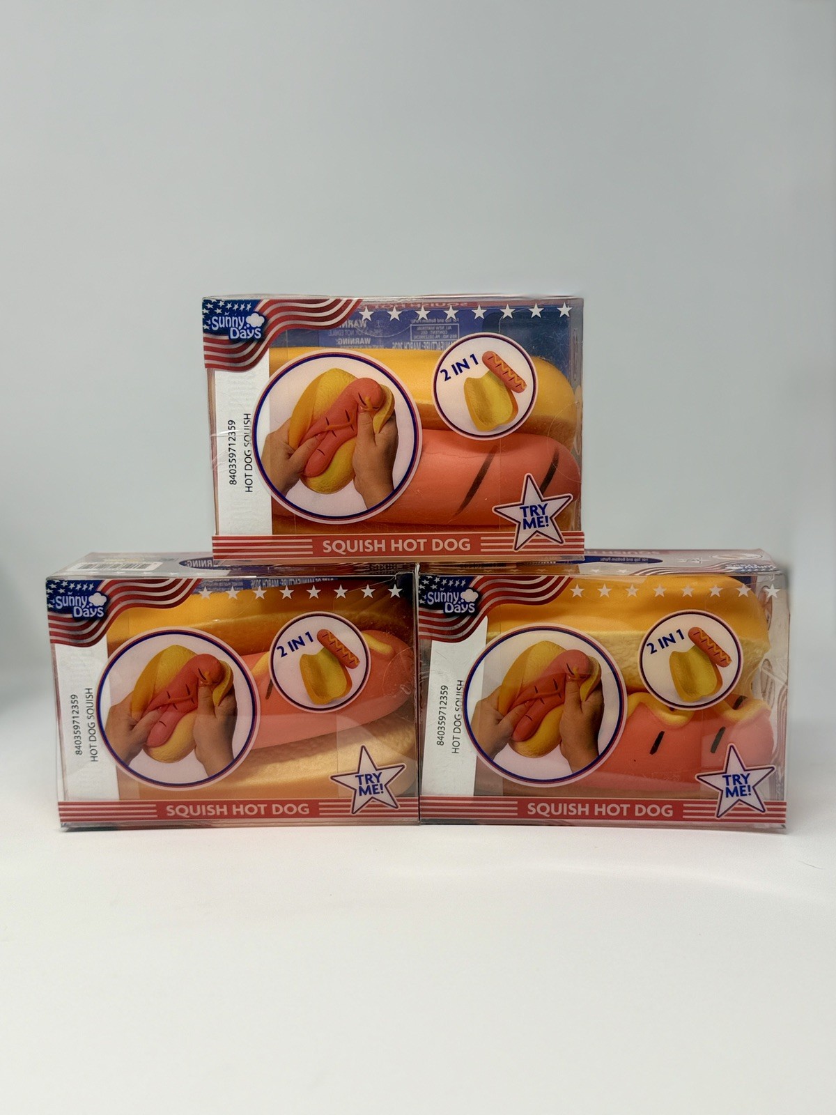 Lot of 3 Sunny Days Viral Squish Hot Dog 2-in-1 Sensory Squeeze Toy NEW