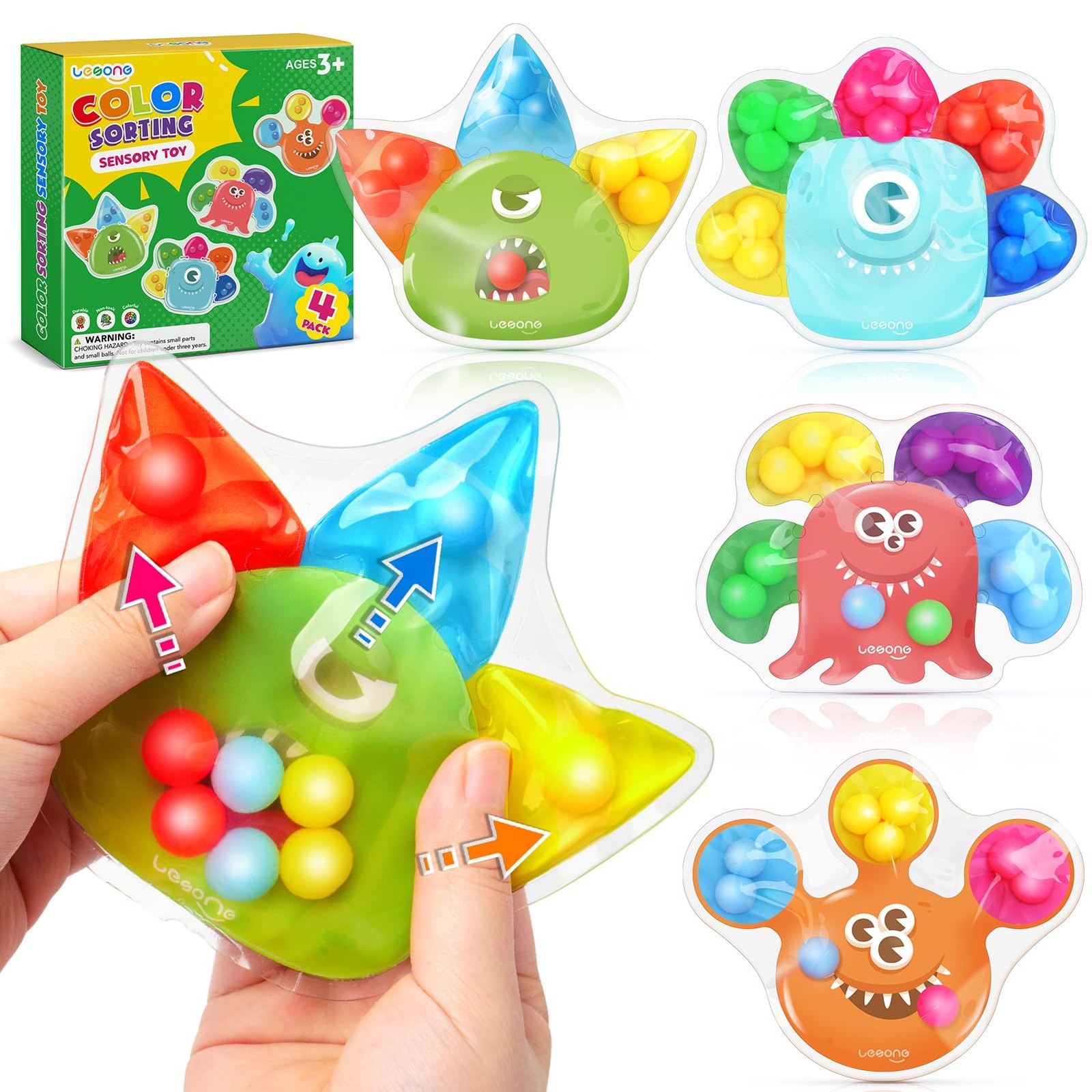 Sensory Fidget Toys for Kids Toddlers: 4 Pack Color Sorting Small, Multicolor