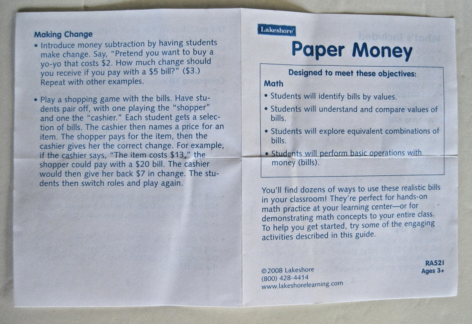 1200 NEW Sealed Bundled LAKESHORE SCHOOL PAPER MONEY $1 $5 $10 $20 $50 $100
