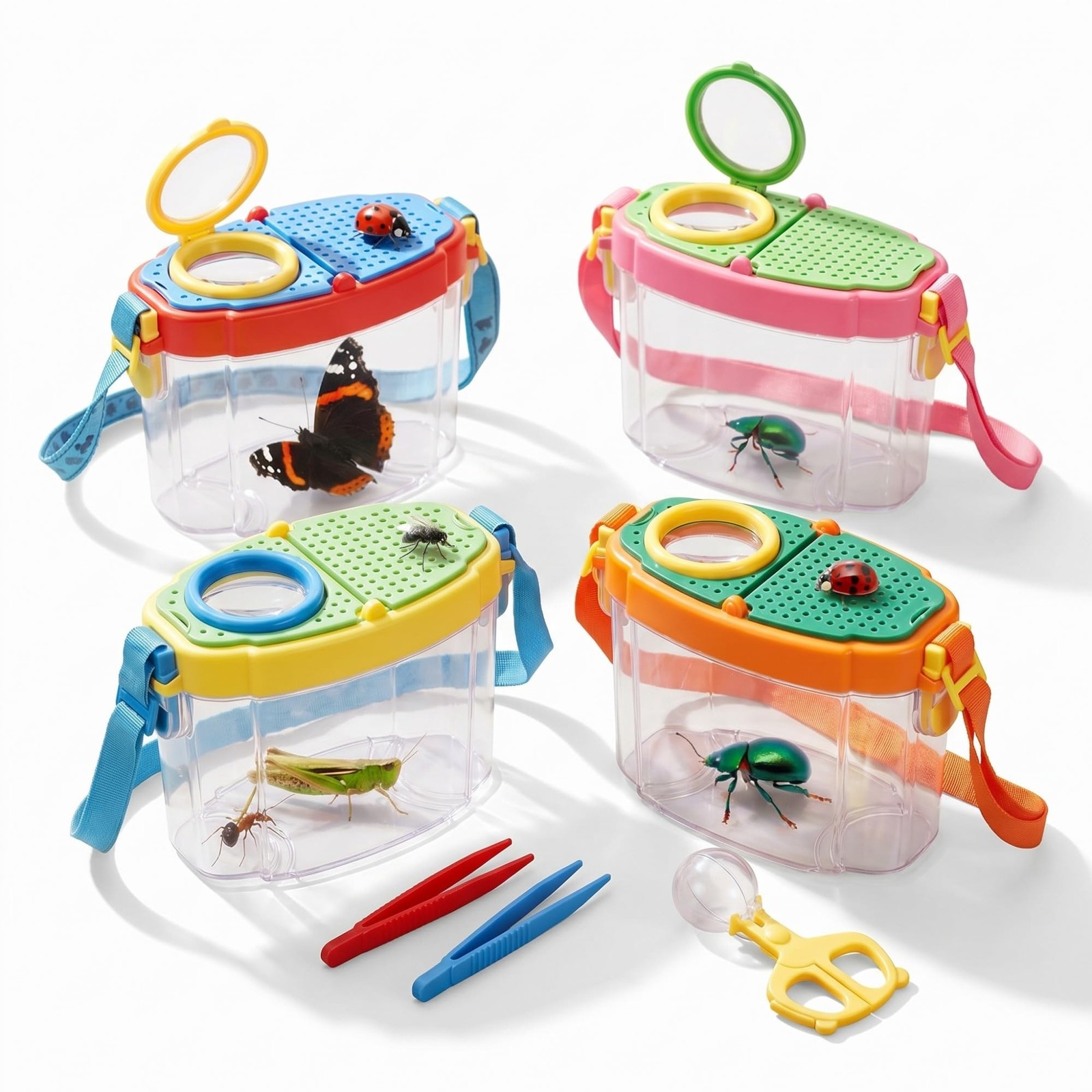 Halloscume 4 Set Bug Catcher for Kids Bug Viewer and Insects Tweezer for Student