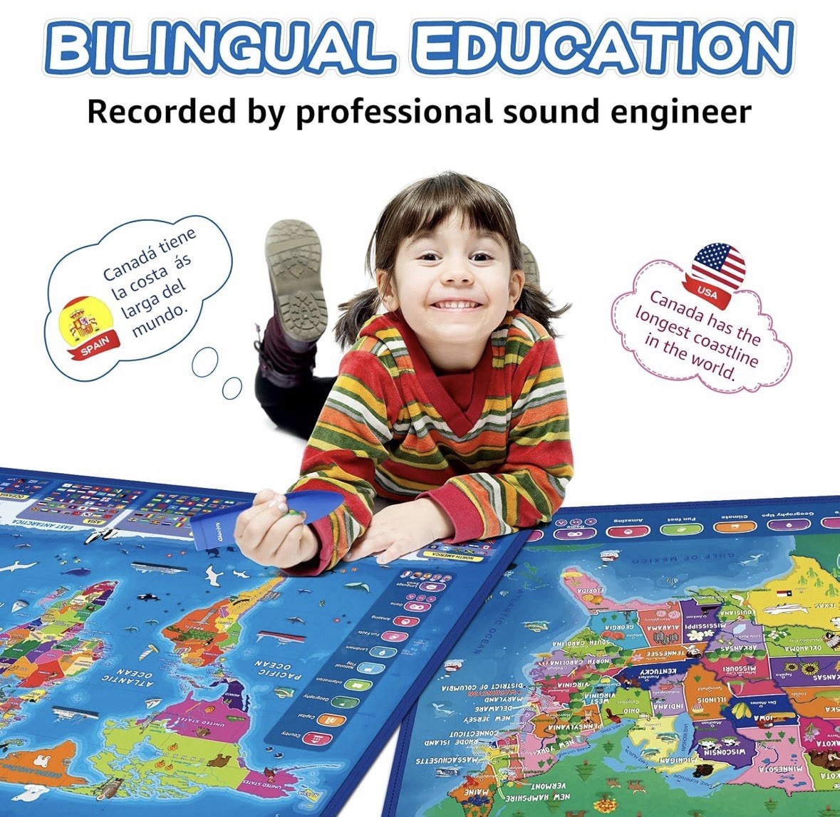 Qiaojoy Interactive World & USA Map Posters Set w/ Audio Pen, Ages 3+ Ret $69.99