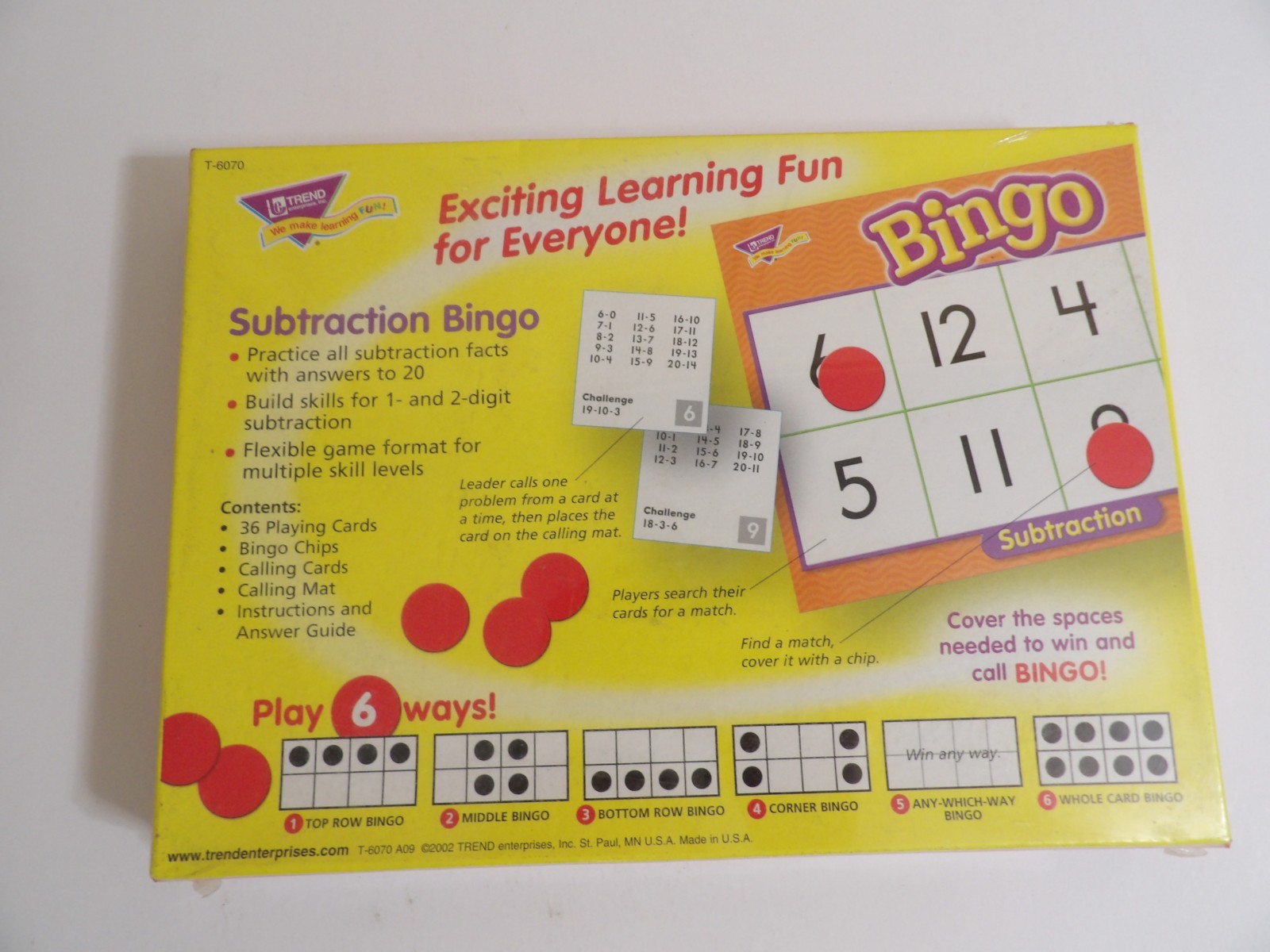 Trend Enterprises – Subtraction Bingo Ages 6 & Up – Factory Sealed