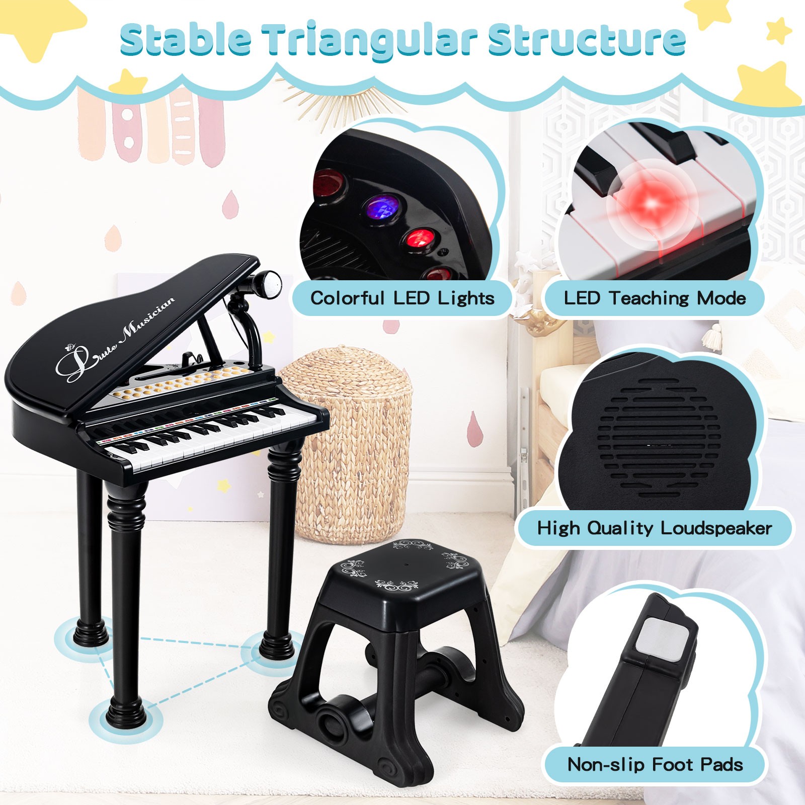 31 Keys Kids Piano Keyboard Toy Toddler Musical Instrument w/ Stool & Microphone