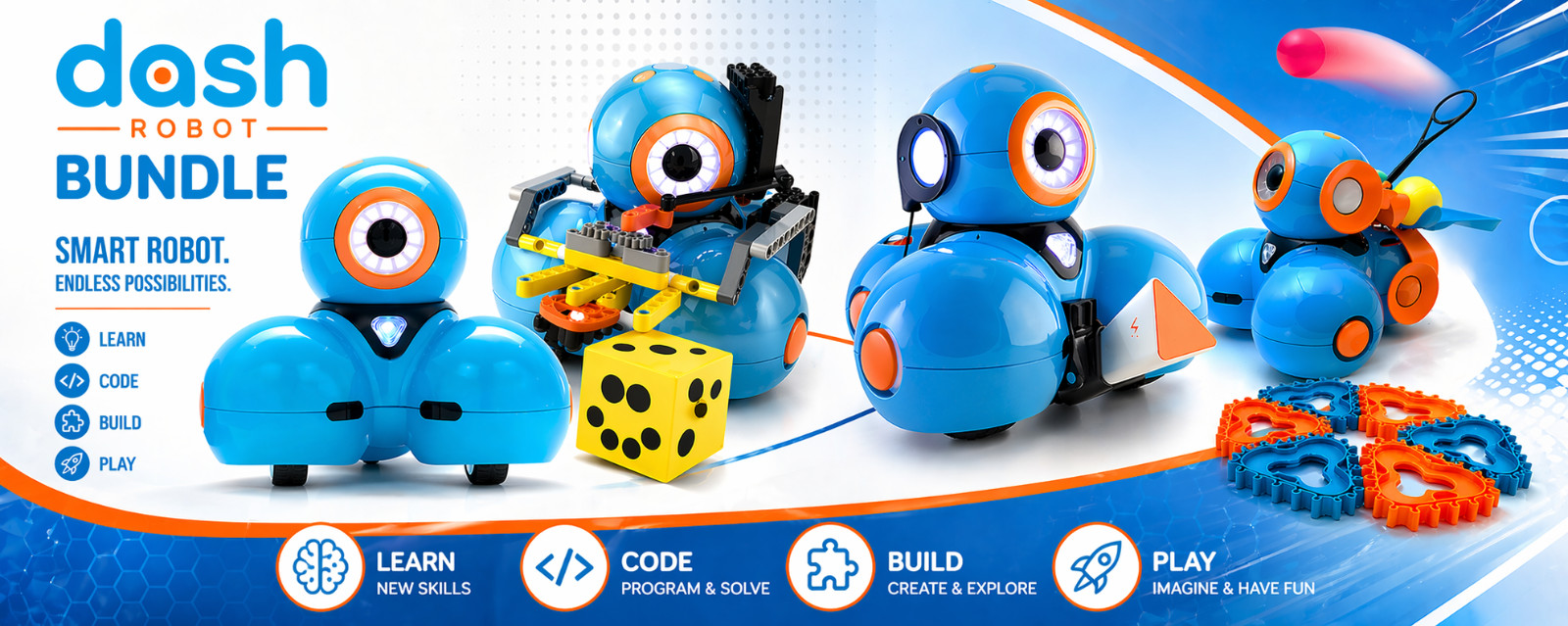 Wonder Workshop Dash Robot Lot W/ Launcher, Gripper and Sketch Accessory Packs