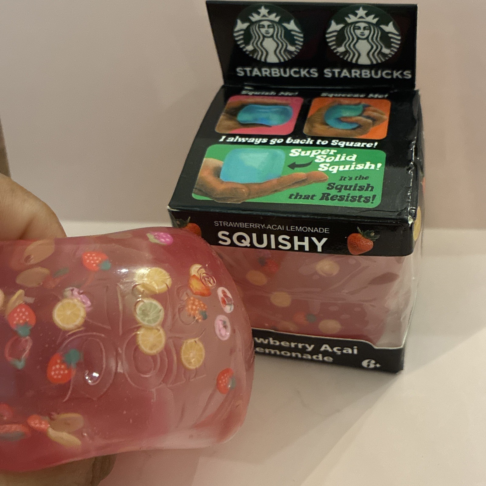 Starbucks Strawberry Acai Lemonade Squishy Squeeze Cube Toy w/ Fruit Inside USA