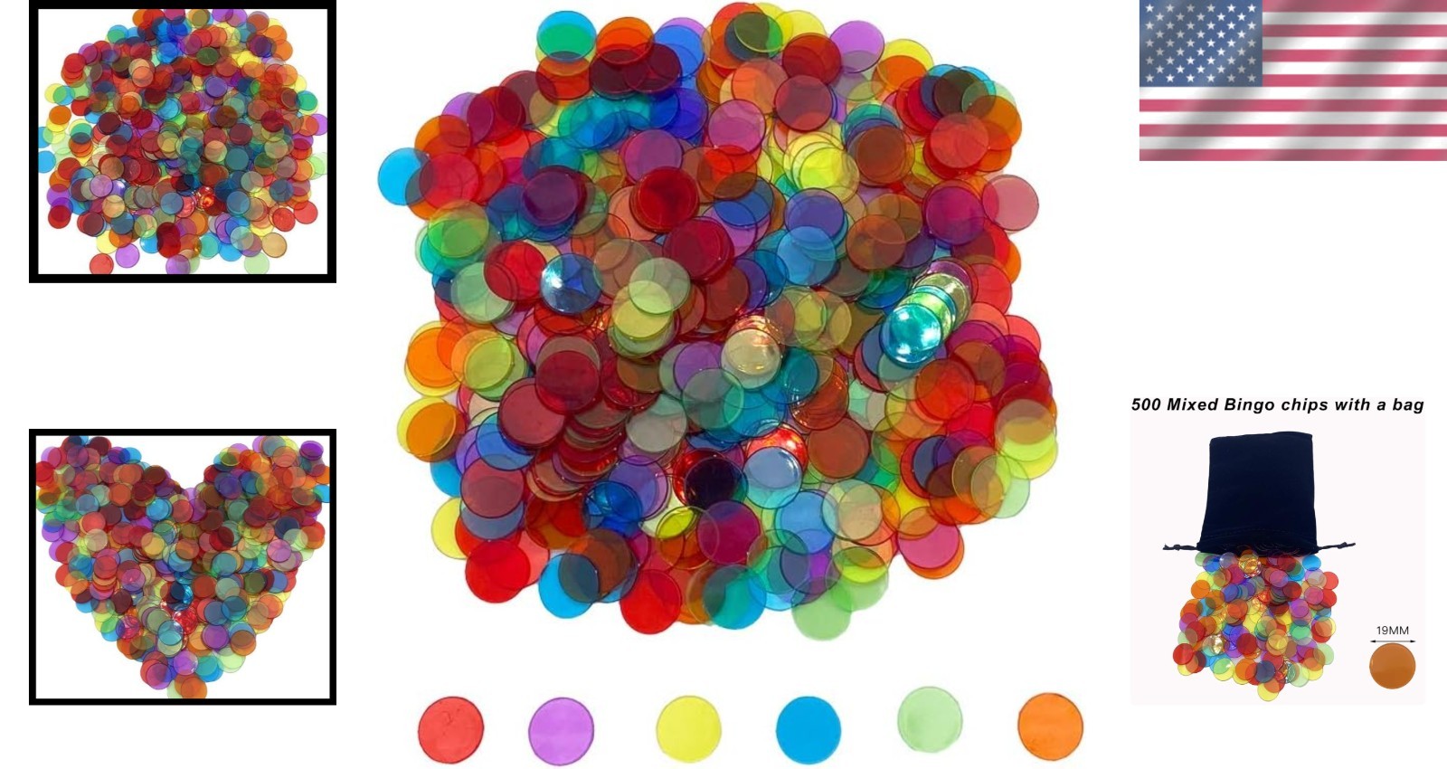 Bingo Counting Chips 3/4 Inch 6 Colors 500 Pack with Storage Bag