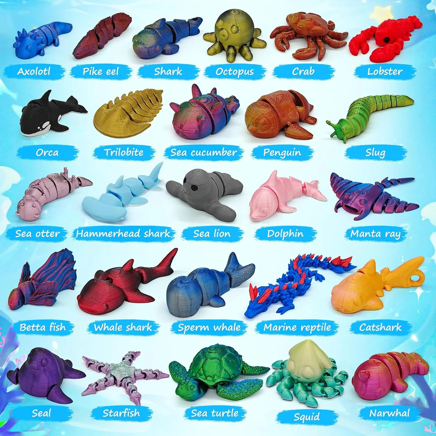 26Pcs 3D Printed Ocean Animals Set, Mini Animals 3D Printed Toys, Ocean Animal F
