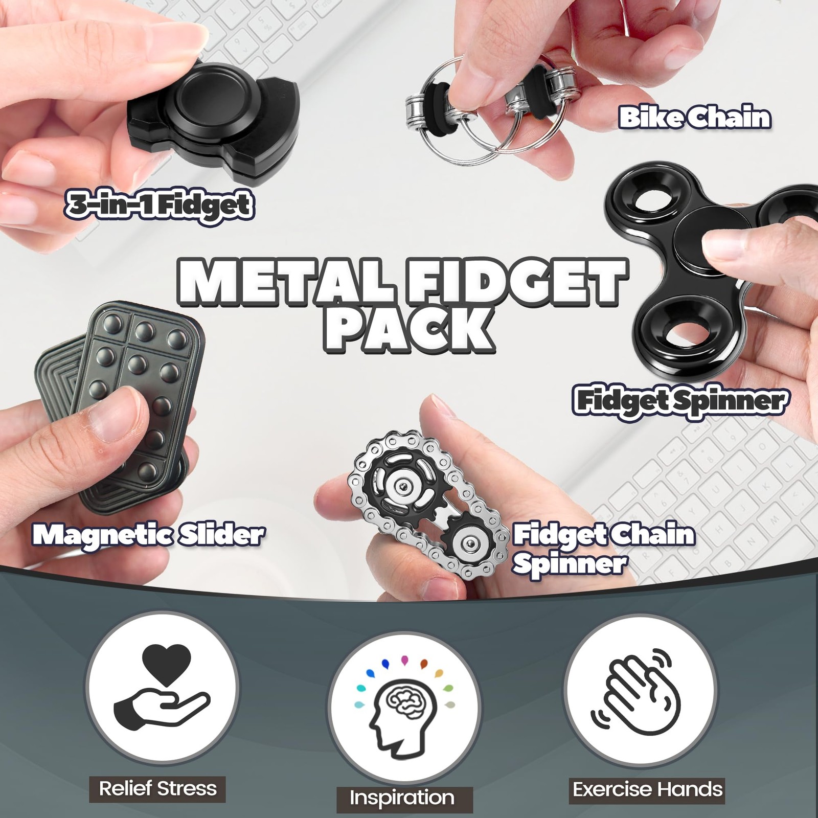 5 Pcs Metal Fidget Toys Adults Teens Magnetic Slider Stress Relief Desk Toy