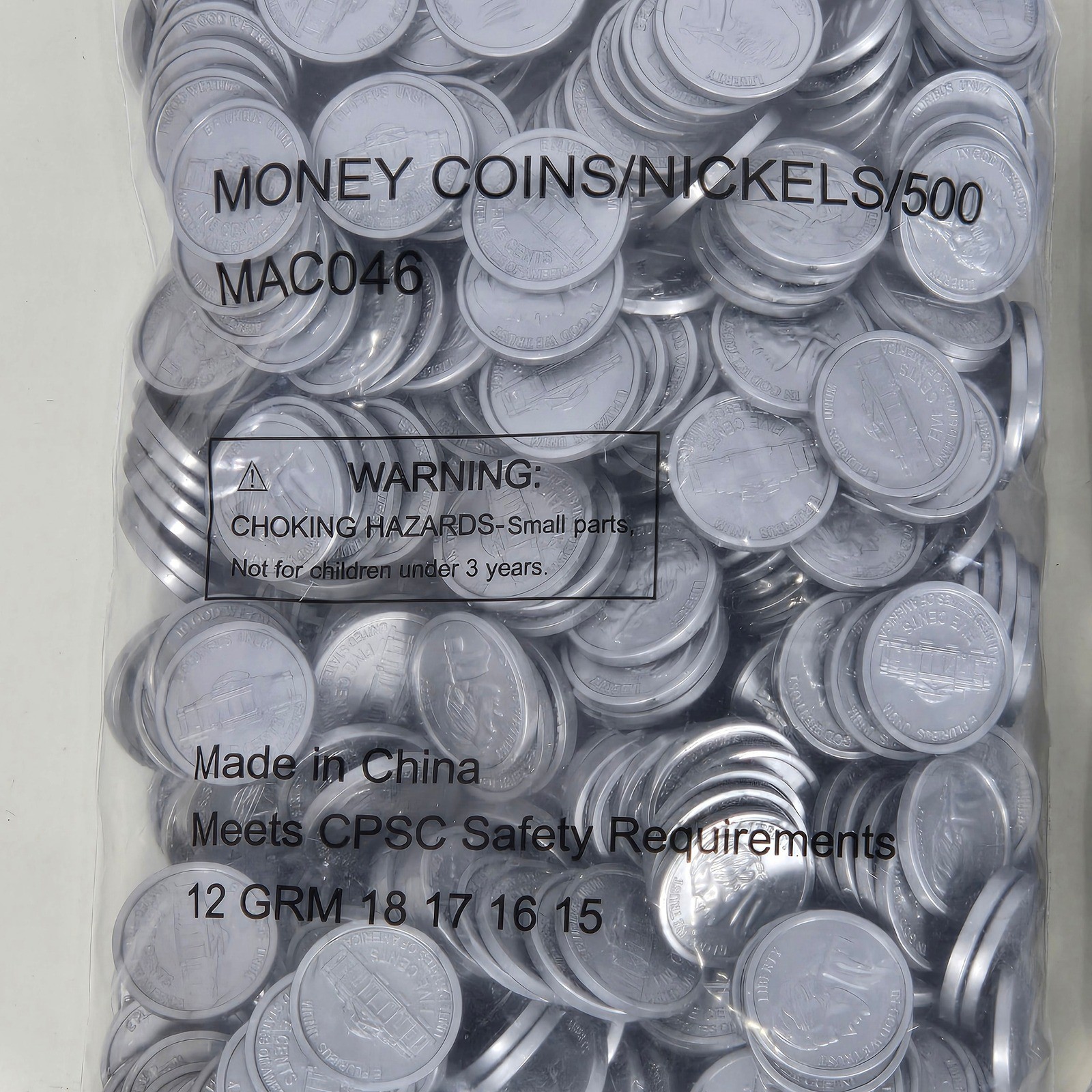 1000 Count Plastic Play Money Nickels Silver Fake Coins MAC046 2 Bags of 500