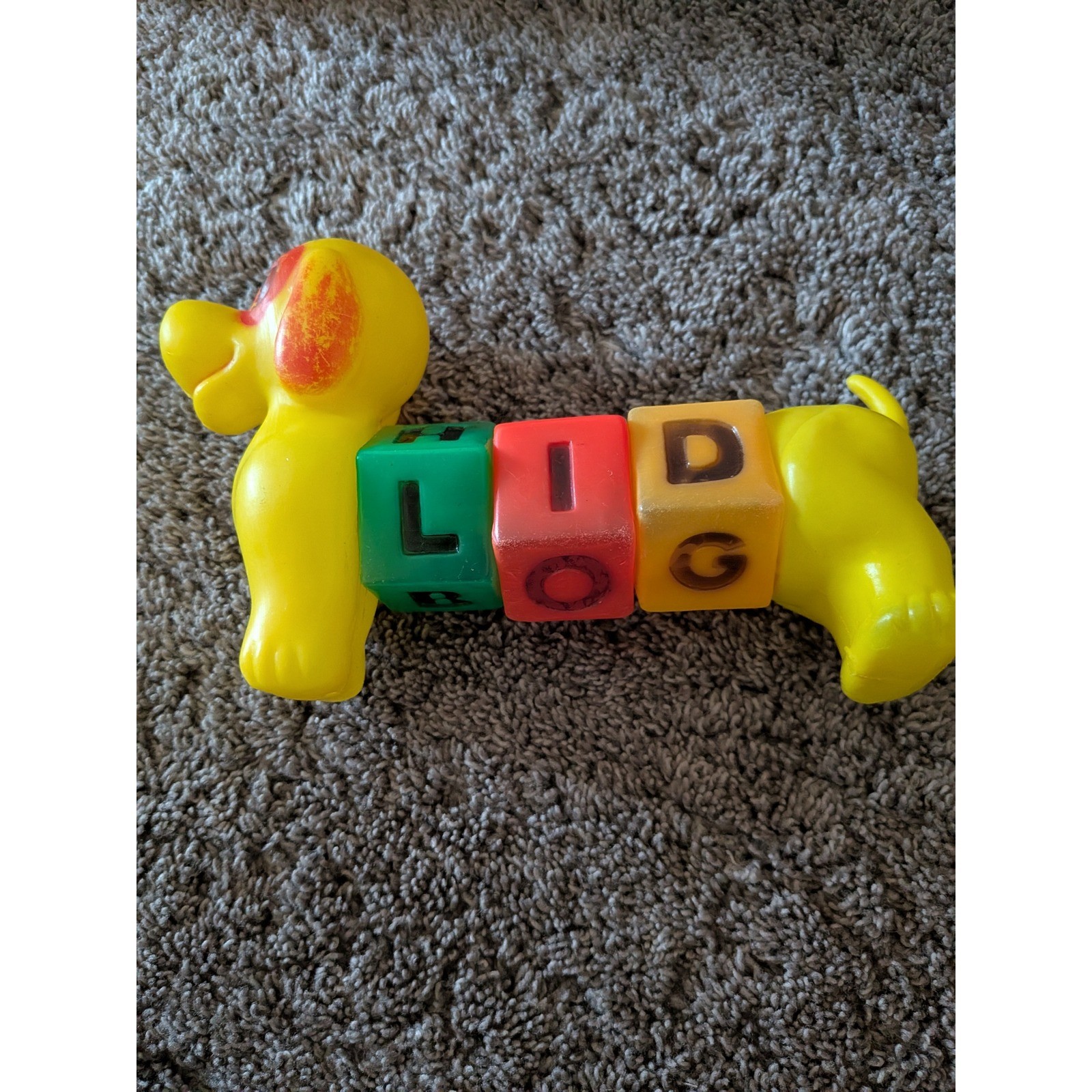 Vintage 1970s Pre-School Take-A-Part Spelling Dog Toy Yellow Dachshund Blocks