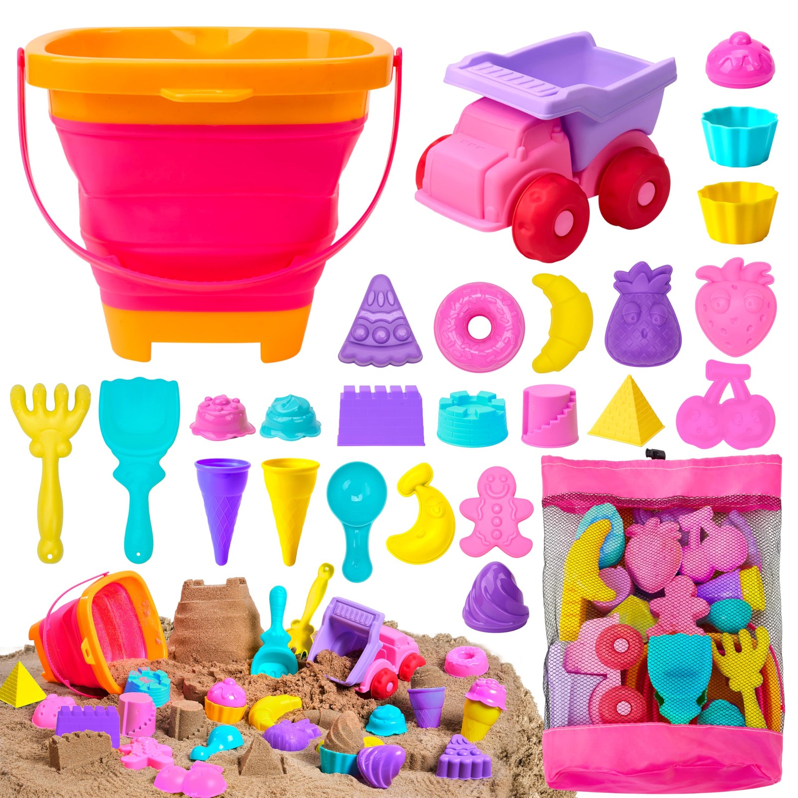 Sloosh Beach Sand Toys Set – Pink Dump Truck Car Toy Medium, Multicolor