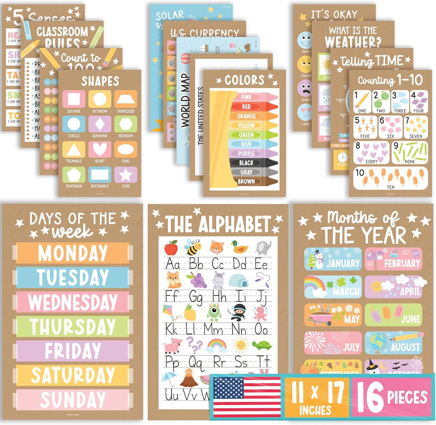 16 Educational Posters for Classroom Must Haves – Laminated Pre-K Posters for To