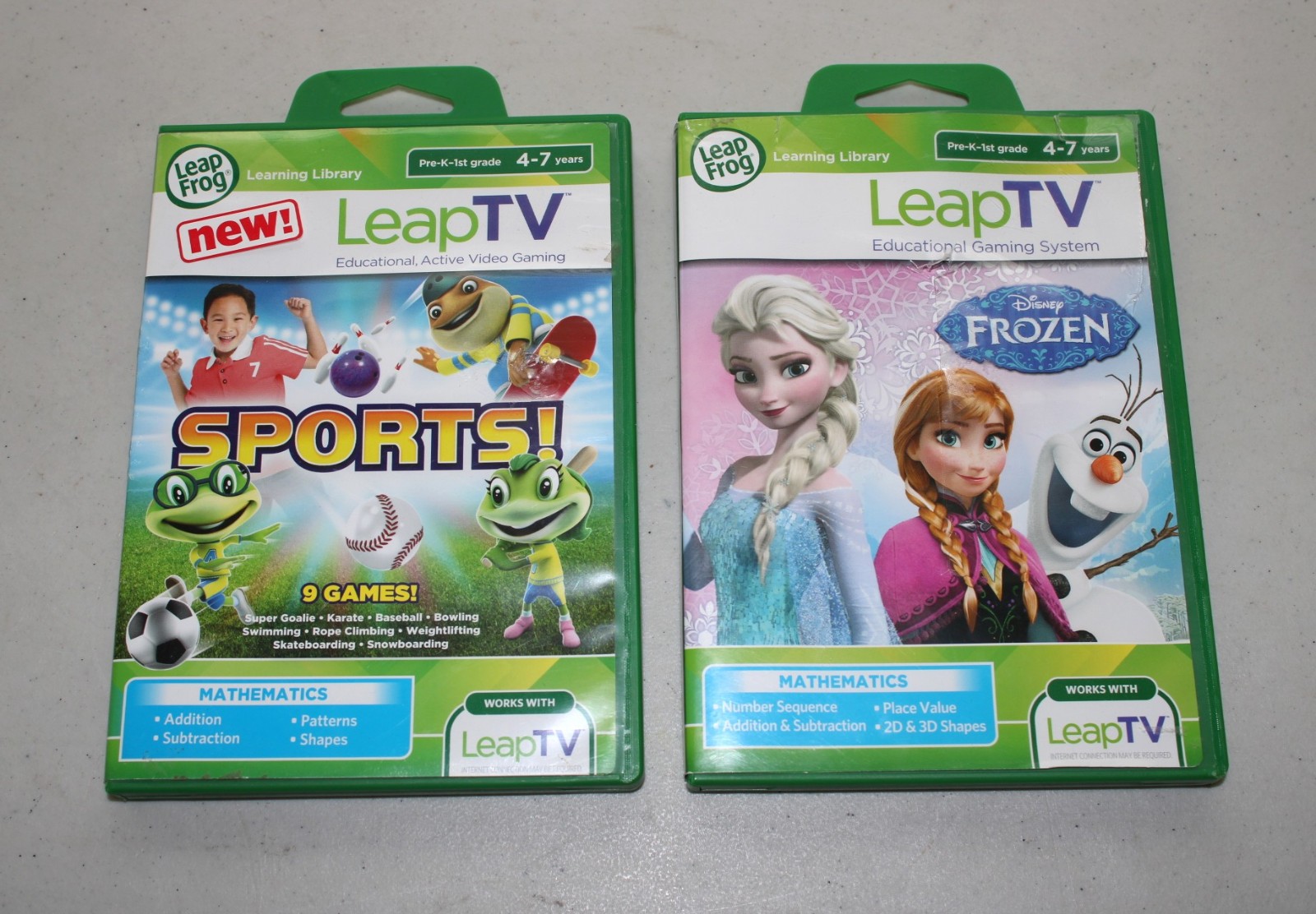 Leap Frog Leap TV Game Lot Of 2 Sports Disney’s Frozen Mathematics Pre-K 4-7 yrs