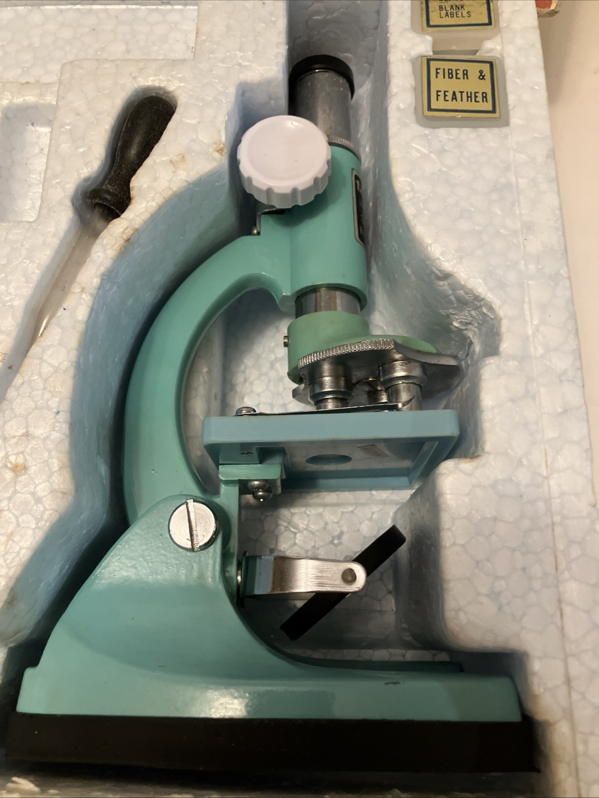 1960’s-70’s ear TASCO #991 Junior 50x, 100x, 300x turquoise microscope in box