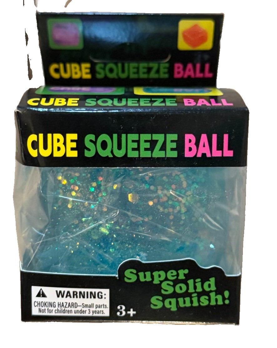 Super Solid Squish Squishy Cube Tactile Squeeze Toy, Blue Glitter, Ages 3+