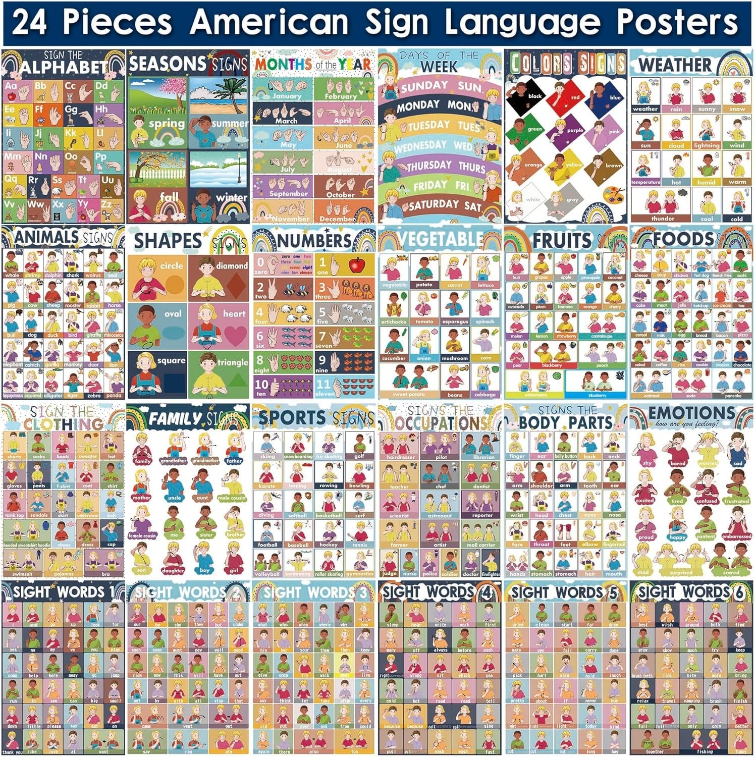 24 ASL Posters for Kids – Alphabet, Numbers, Colors, Seasons