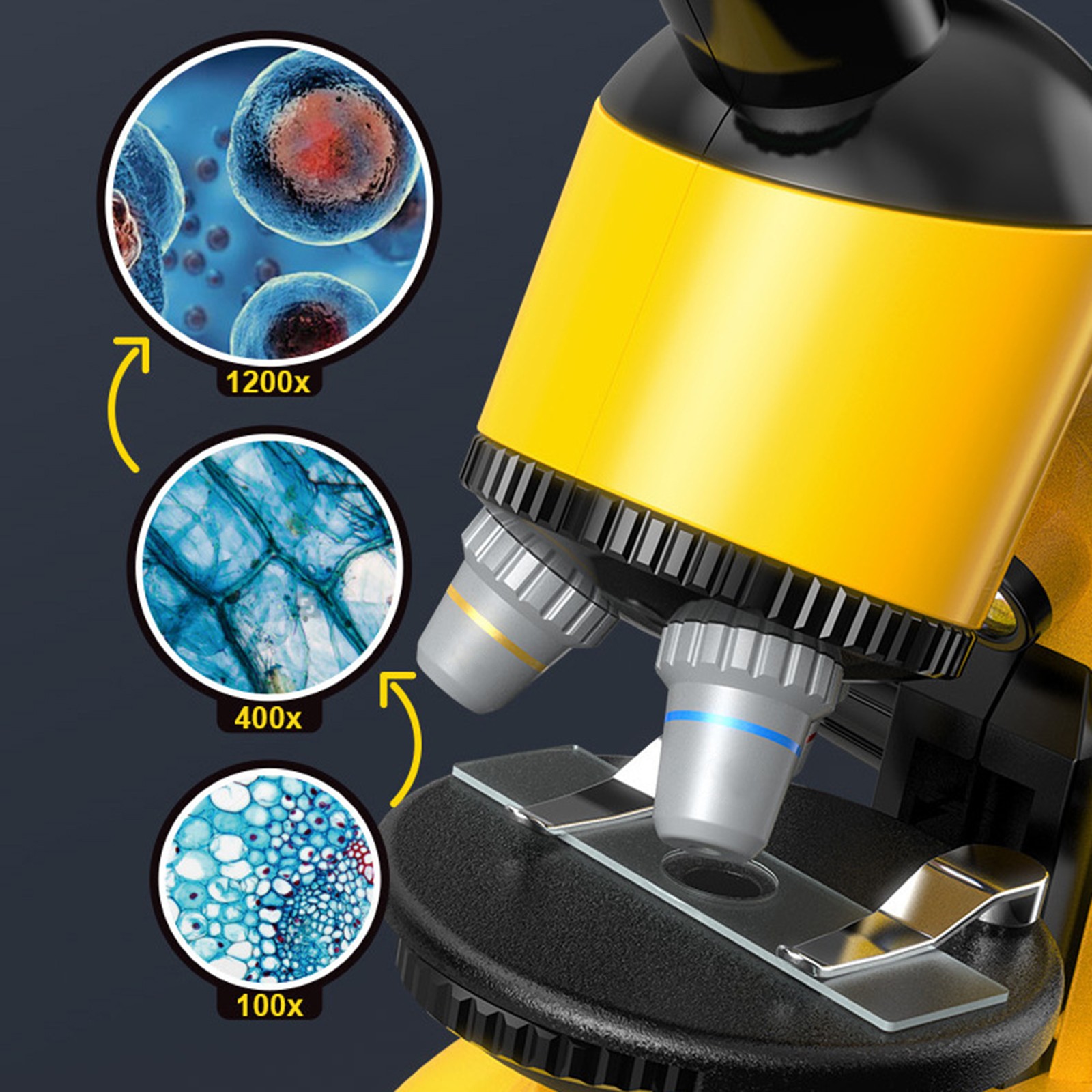 Rotating Microscope LED 100X-1200X Magnification Science Toy Kit For Kid Yellow