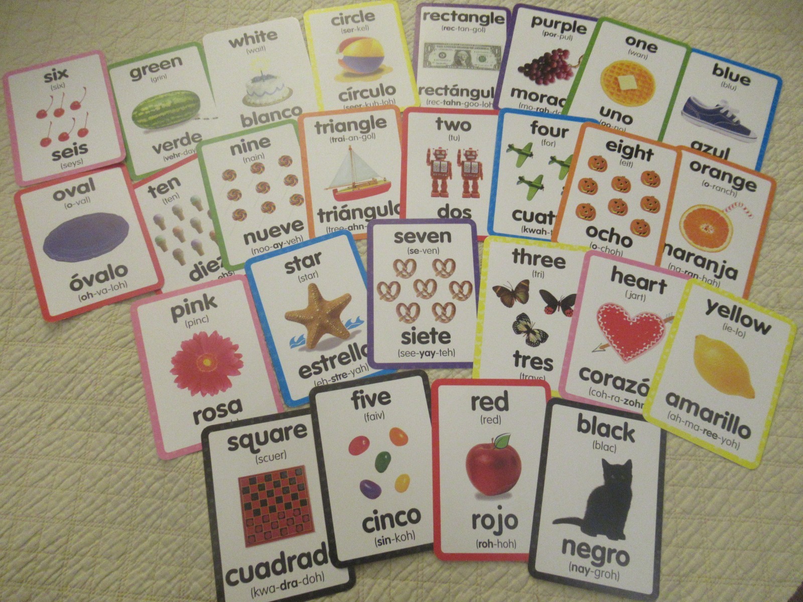 English & Spanish Numbers, Colors & Shapes Flash Cards Set (26-Card Set)