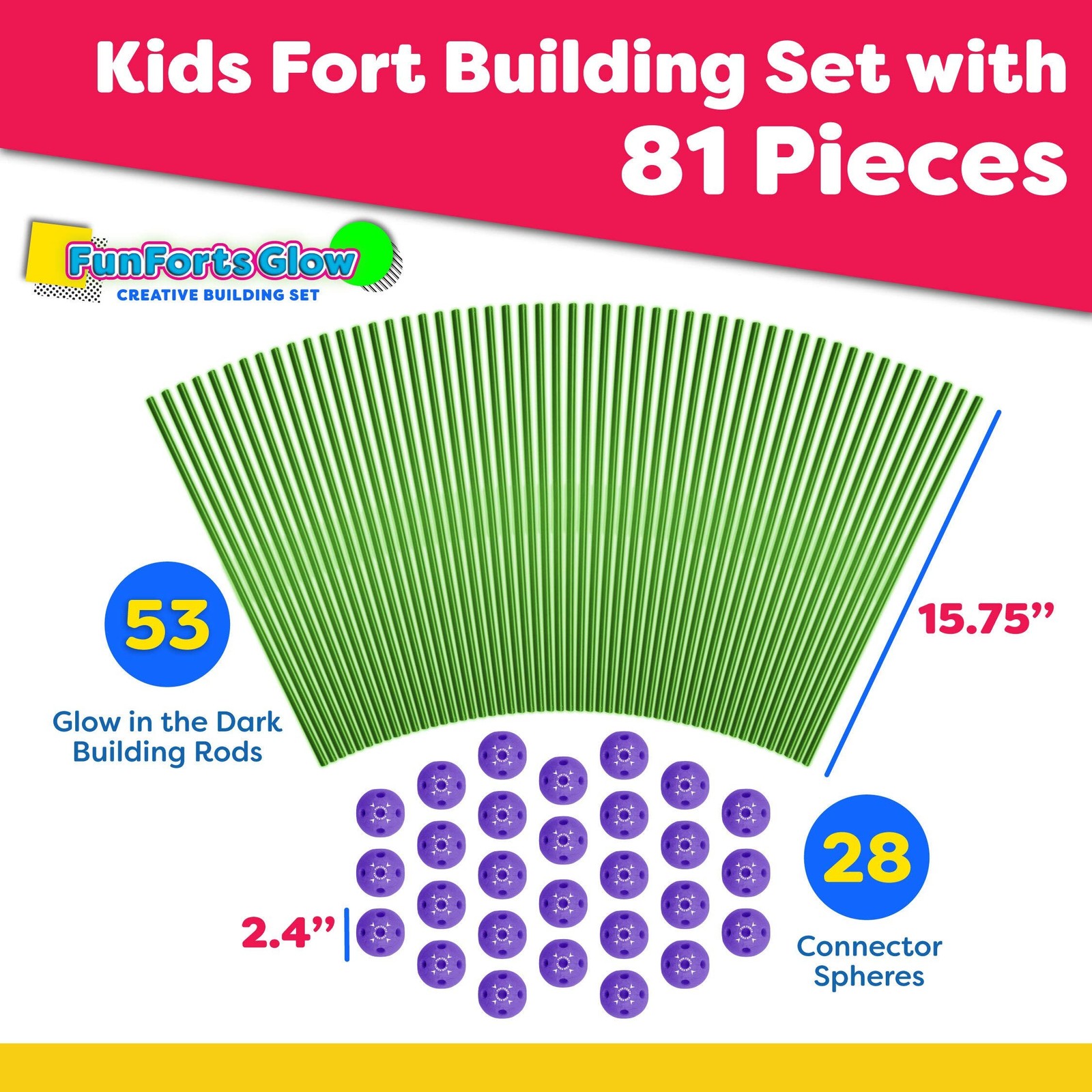 Fun Forts Glow Fort Building Kit for Kids – 81 Pack Glow in The Dark STEM Bui…