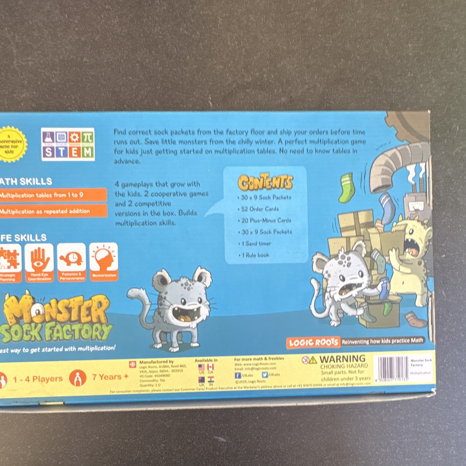 Logic Roots Monster Sock Factory Multiplication Math Game Ages 7+ 1-4 Players