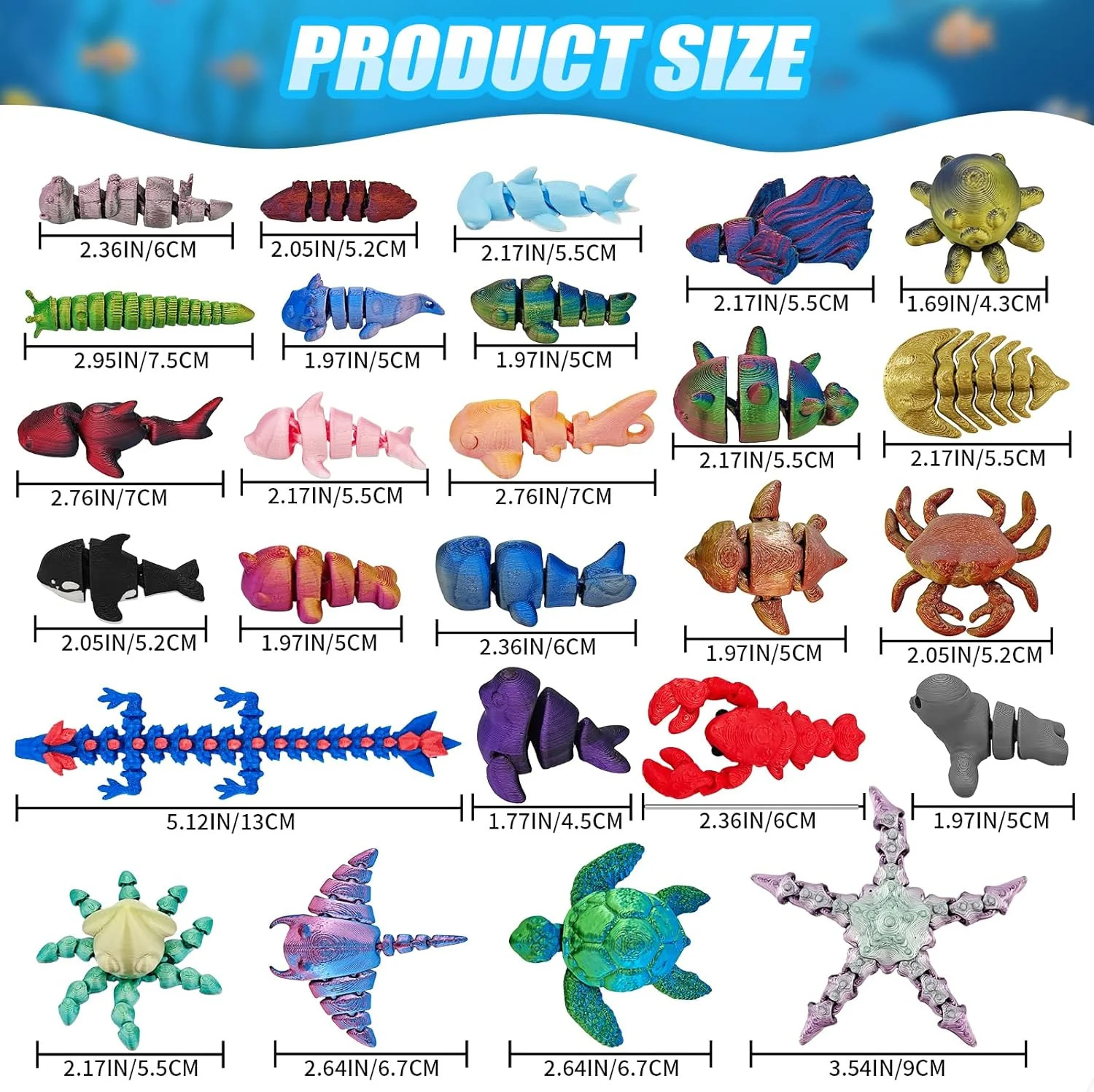 26Pcs 3D Printed Ocean Animals Set, Mini Animals 3D Printed Toys, Ocean Animal F