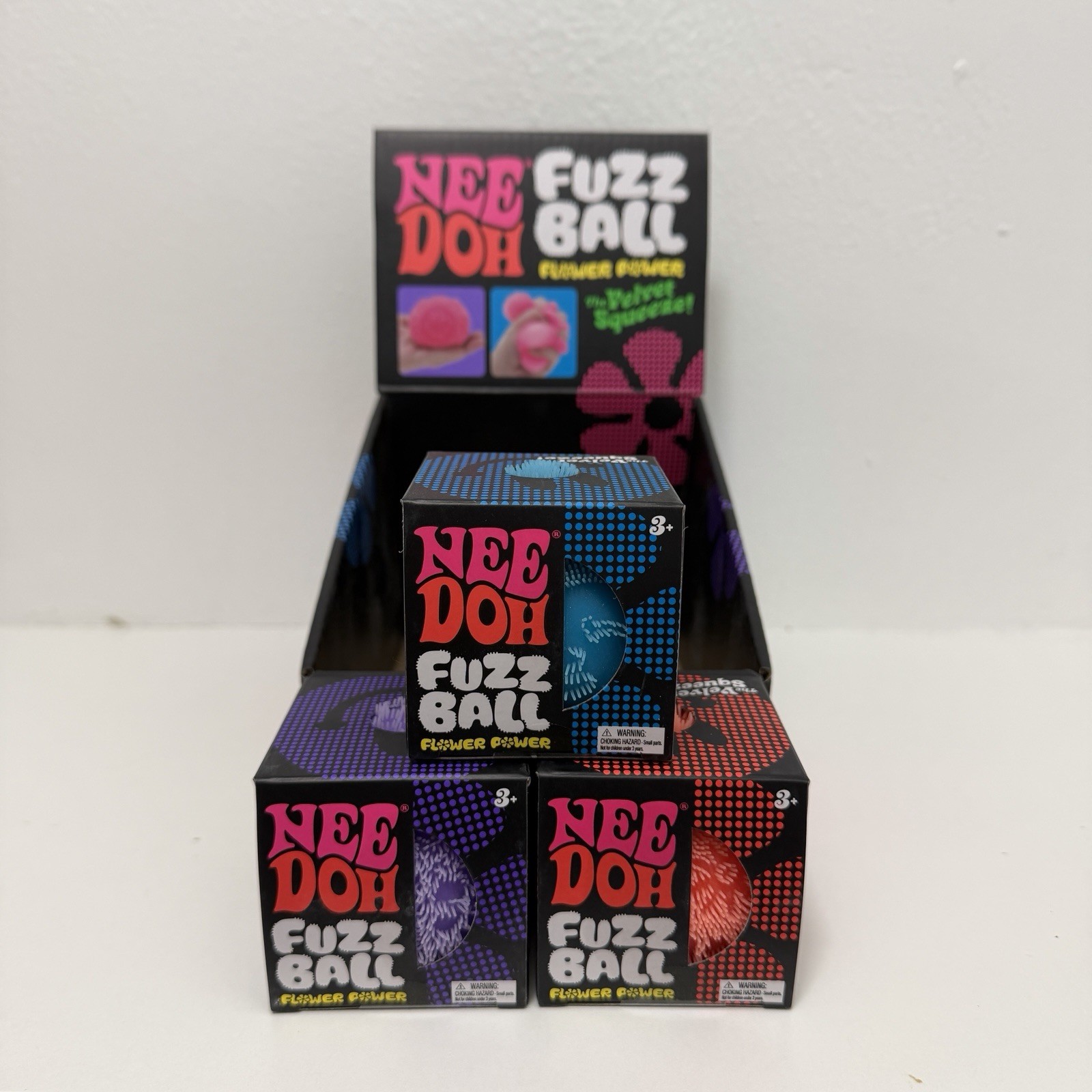 Needoh Fuzz Ball Flower Power Fidget Ball Purple Blue Orange LOT x3 w/ Display