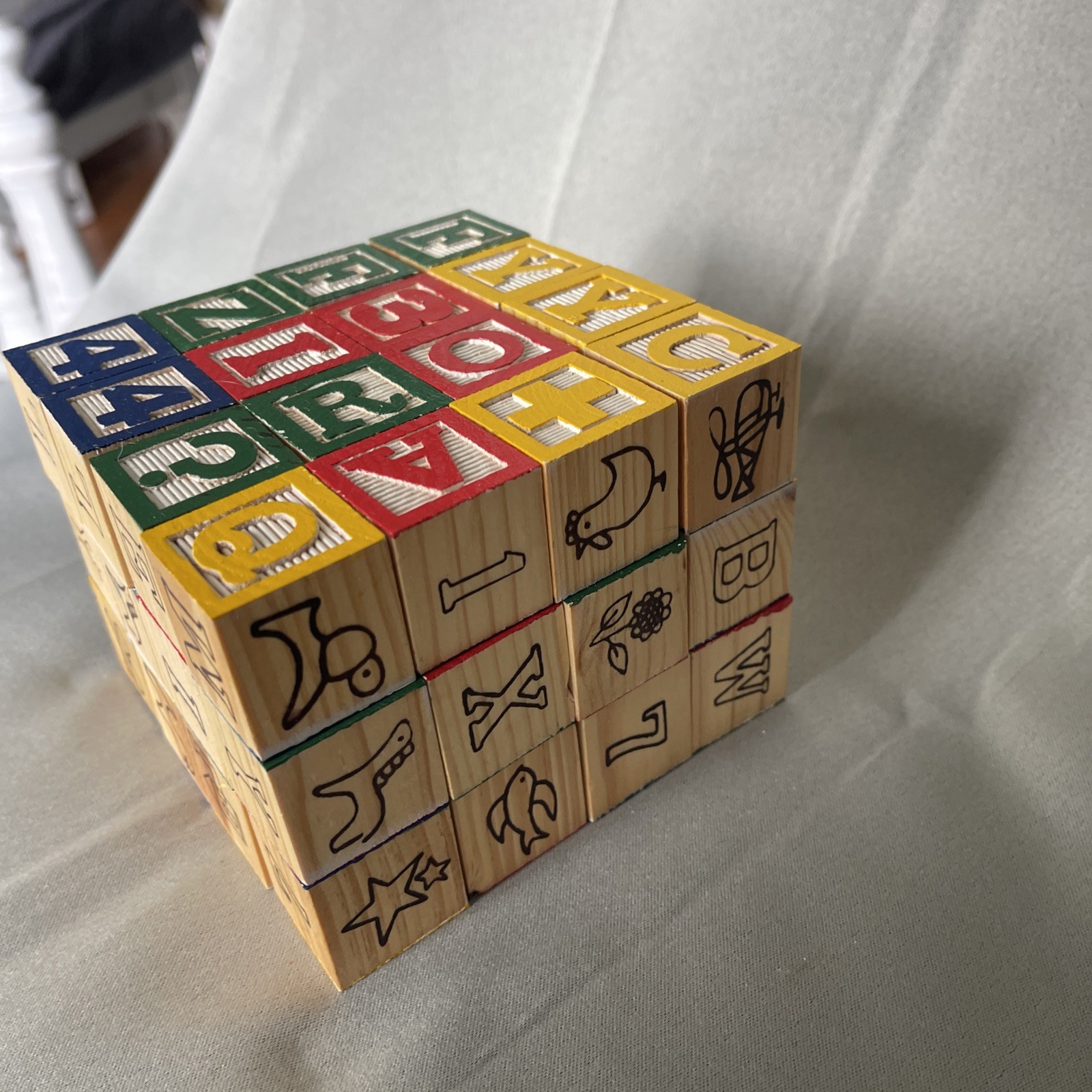 Vintage Schylling 48ct Wood Alphabet Blocks In Wood Box