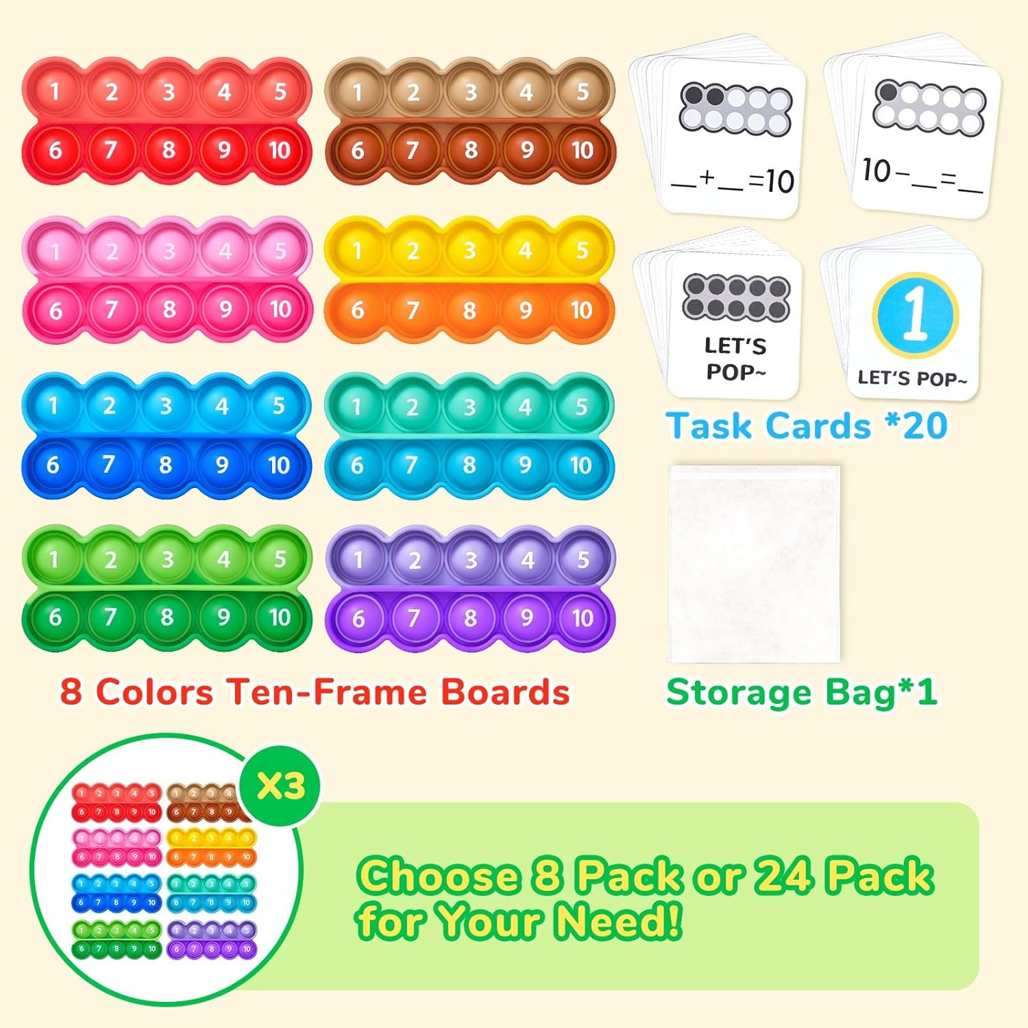 Joycat Ten-Frame Math Learning Tools for Elementary-24 Ten Frames and 20 Task Ca