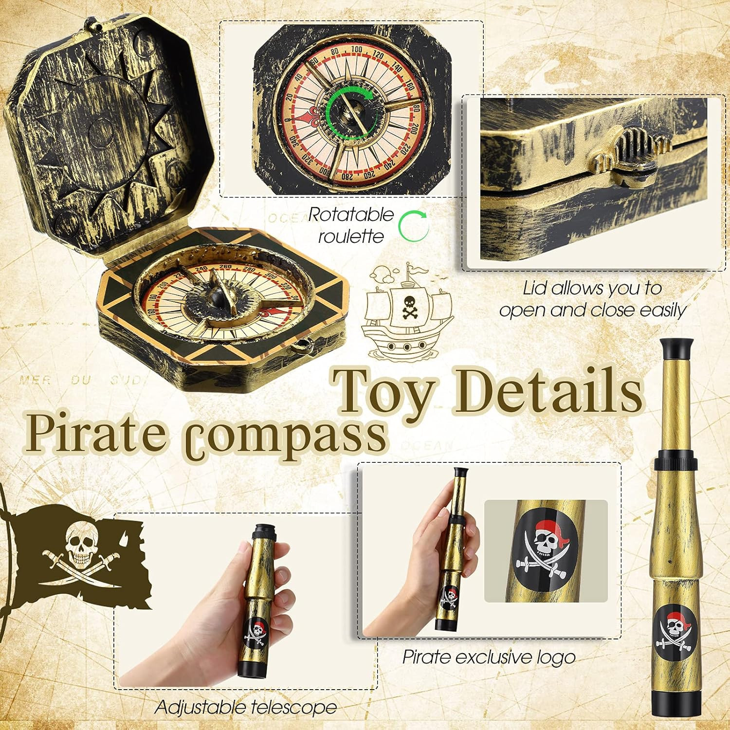 2 Pcs Pirate Telescope and Compass for Kids Adults Retro Mini Plastic Toy for Pi