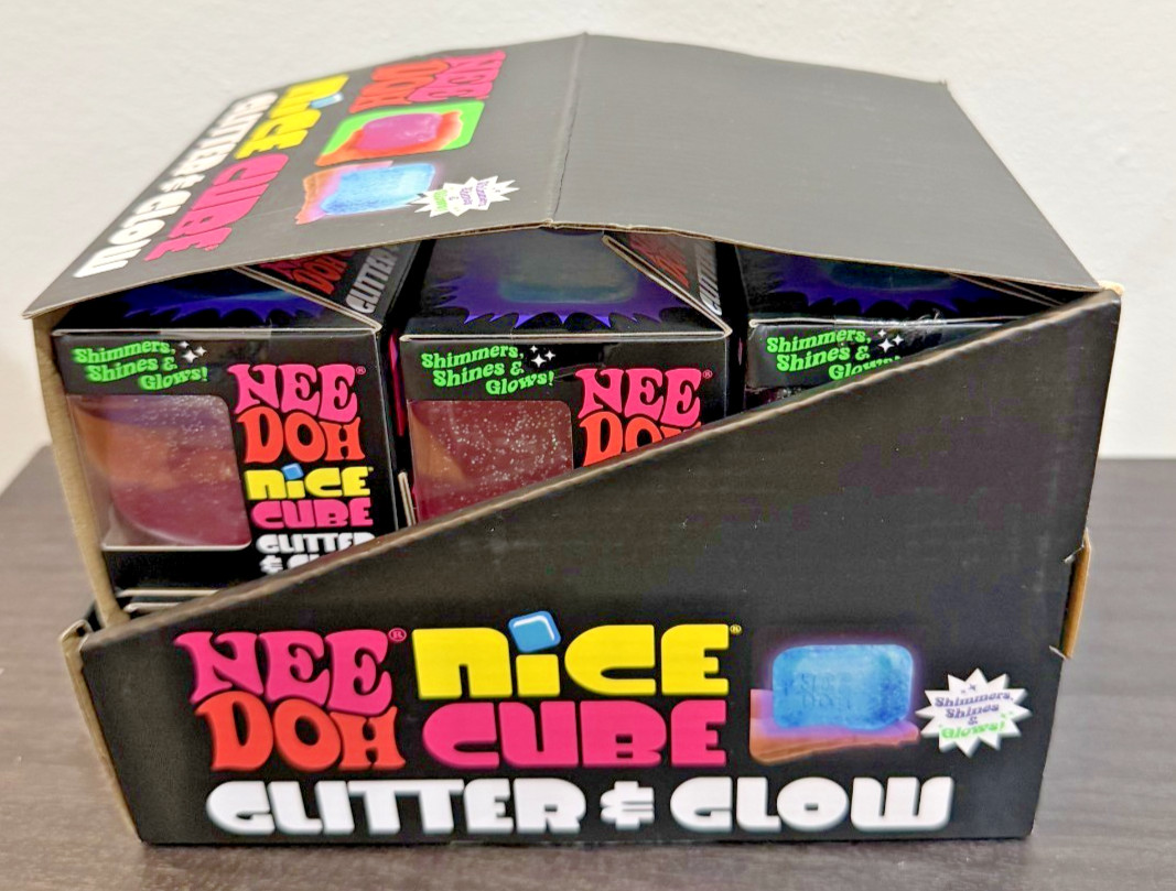 NeeDoh Nice Cube Glitter & Glow Lot of 12 Full Case with Display Box Blue & Pink