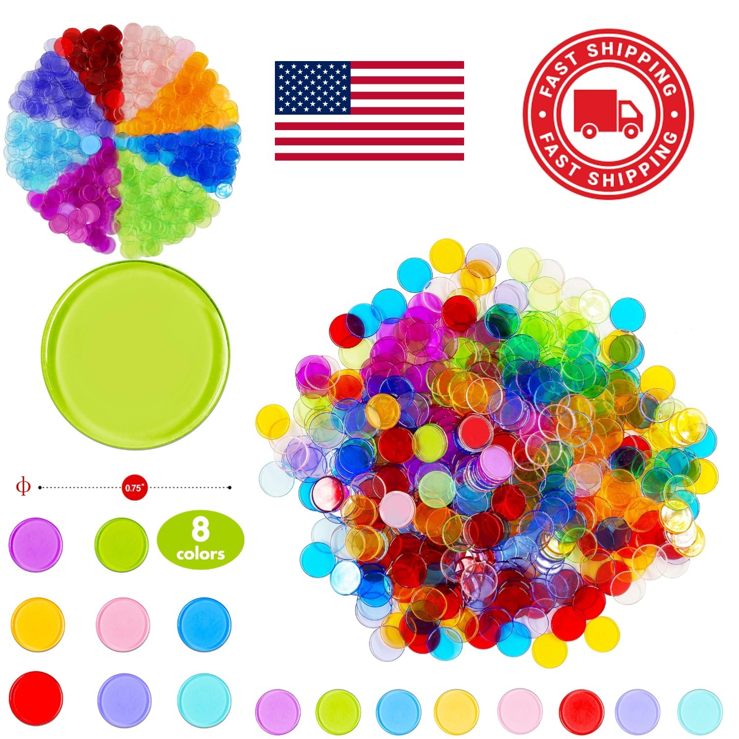 8 Color Bingo Chips Set of 250 Transparent Markers for Early Math Learning