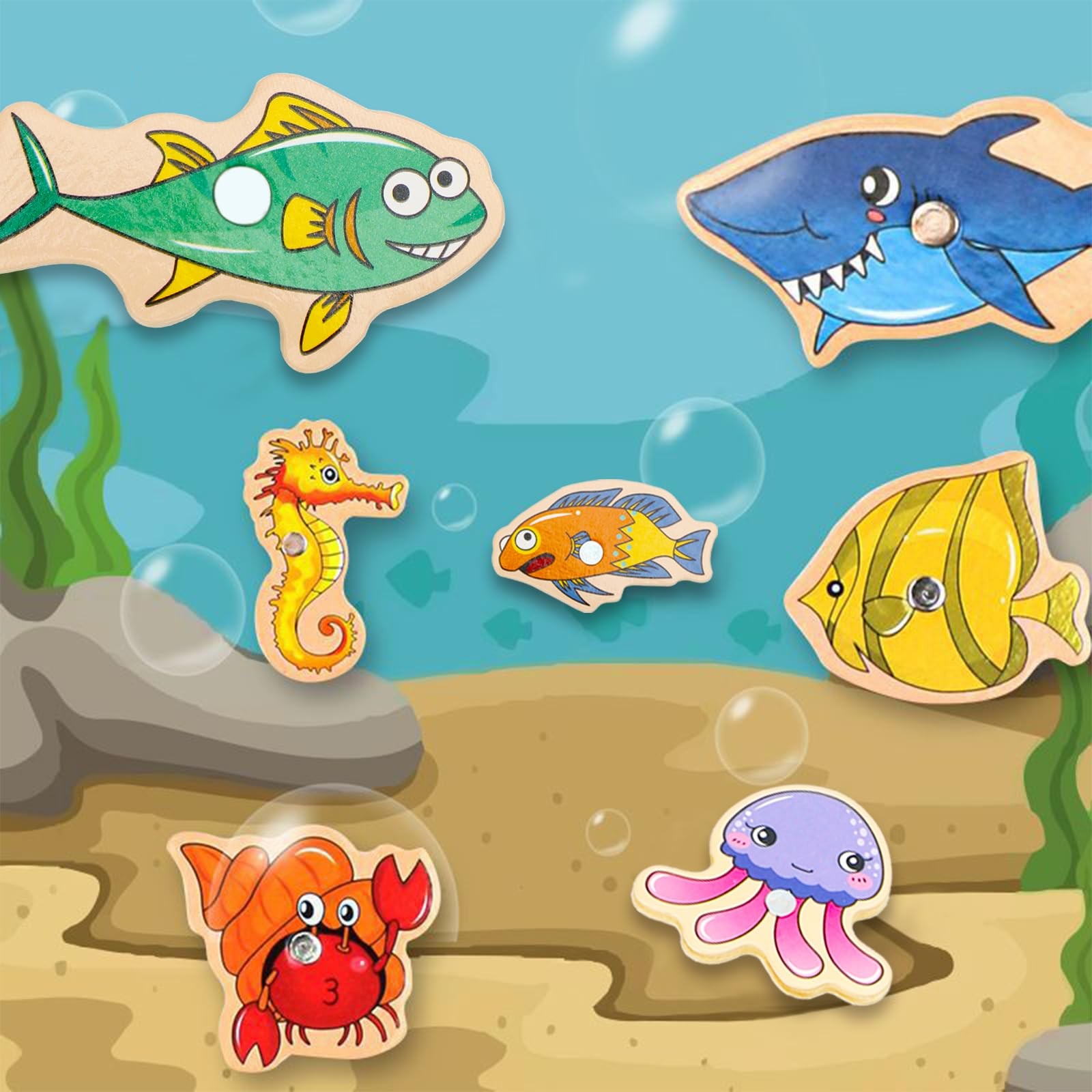 ONEST 34 Pieces Magnetic Fishing Game for 3x4x0.2 inches, Classic Marine Fish