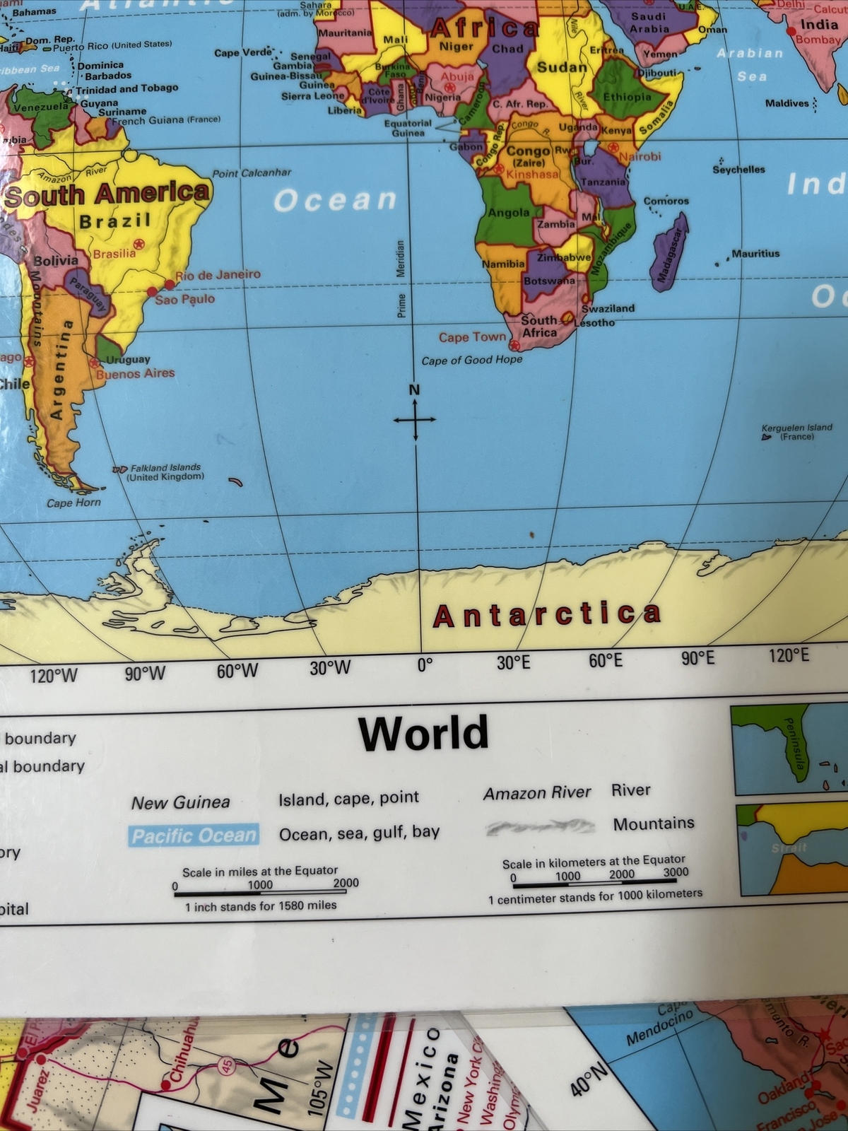 17″X11″ 28 Laminated Double Sided United States World Map 3D /C Nystrom Teacher