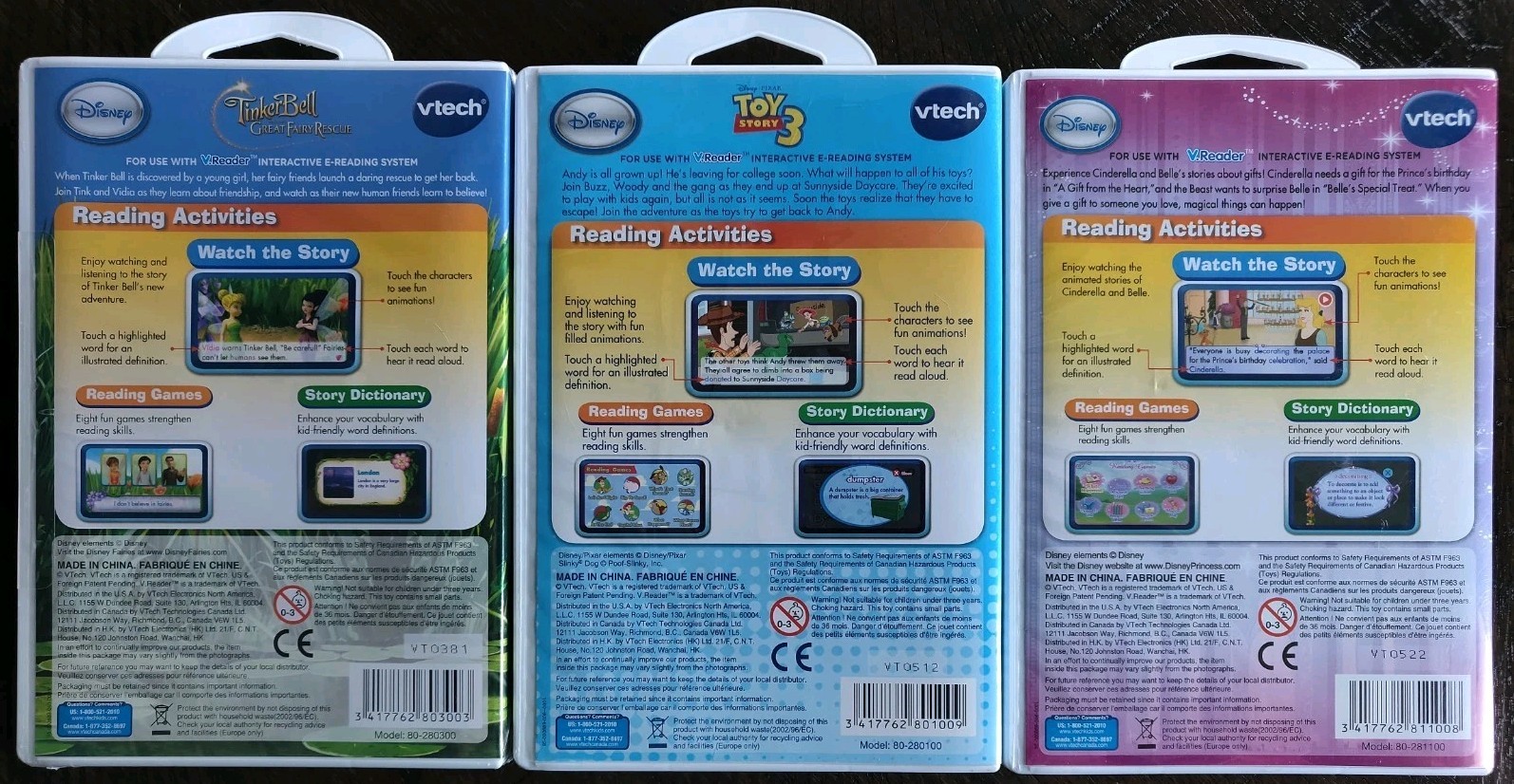 3 VTech V.Reader Toy Story 3 Disney Princess Tinkerbell E-Reading Cartridges