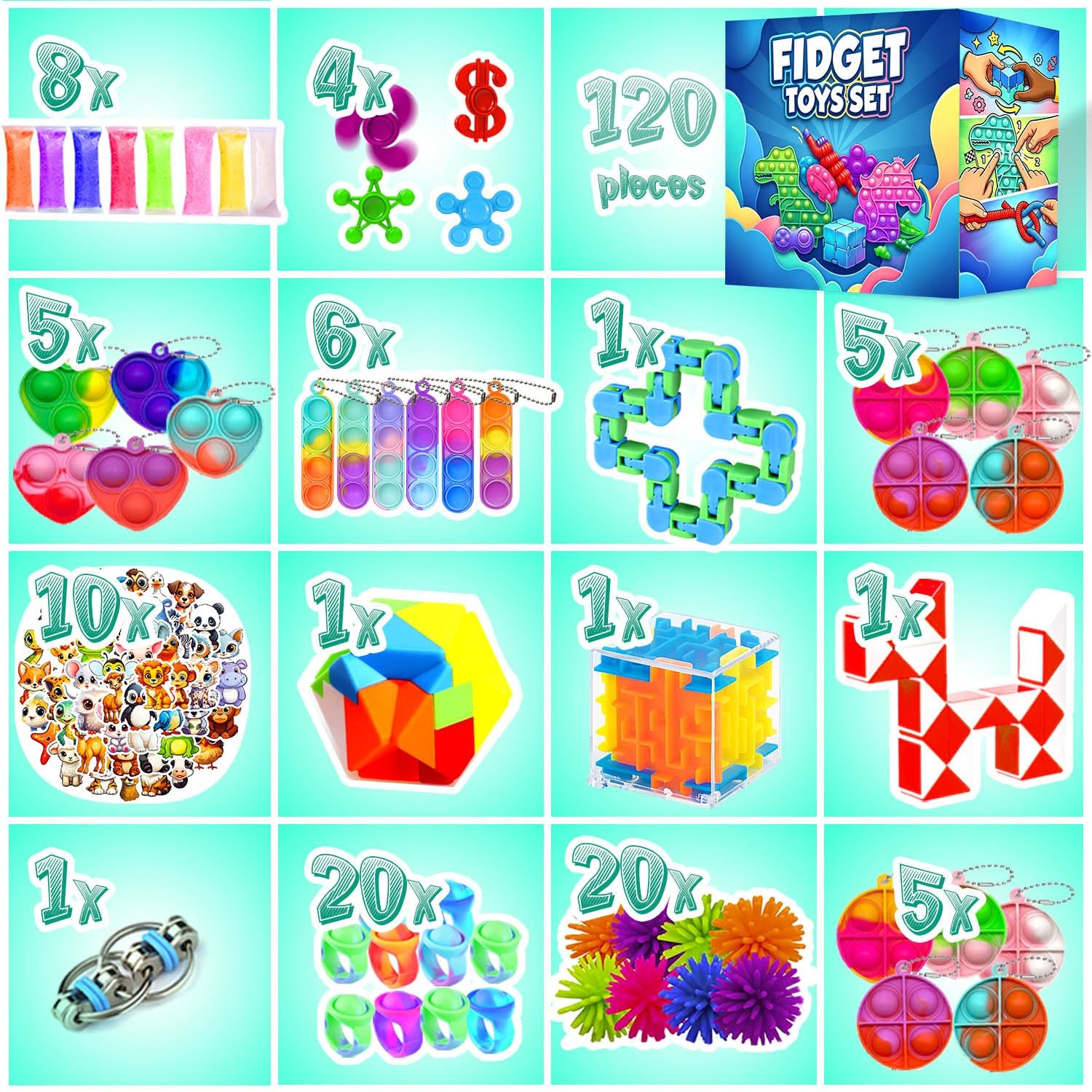 Fidget Toys, 120 Pack Party Favors for Kids 8-12 4-8, Medium, 120