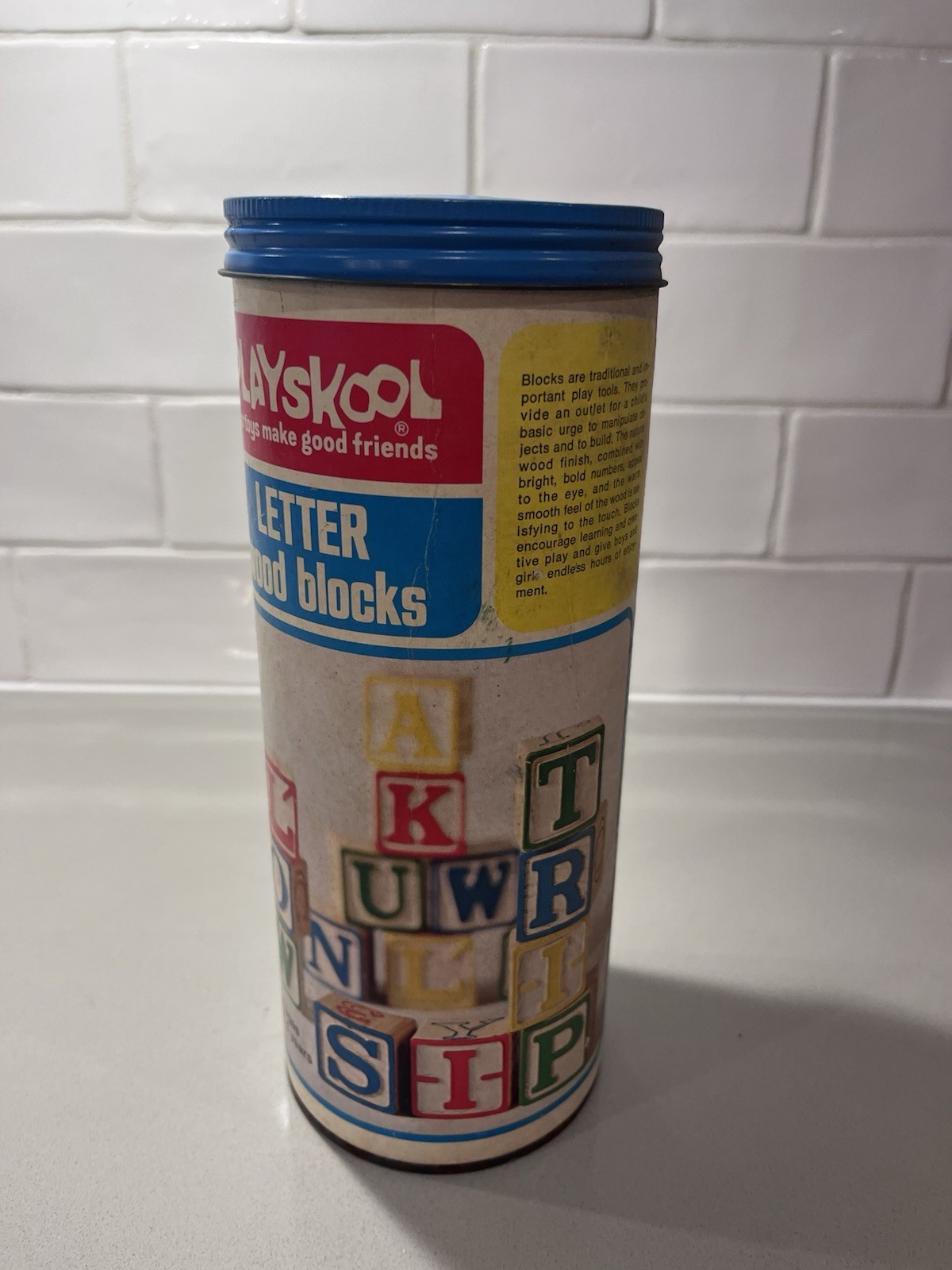 Playskool Letter Wood Blocks Set in Original Canister Blue Lid MPN 226
