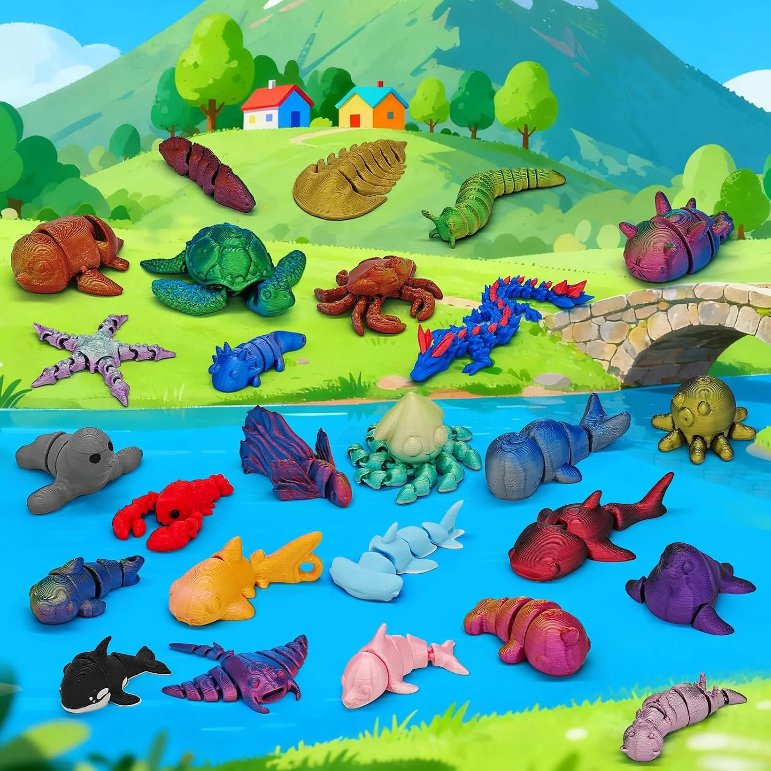 26Pcs 3D Printed Ocean Animals Set, Mini Animals 3D Printed Toys, Ocean Animal F