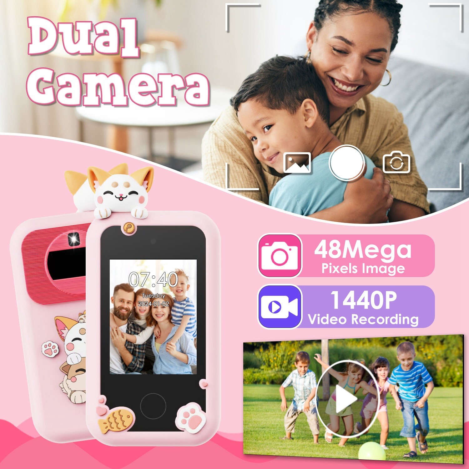 Shockproof Kids Smart Phone for Girls Boy Ages 3-9 Touchscreen Dual Camera Phone