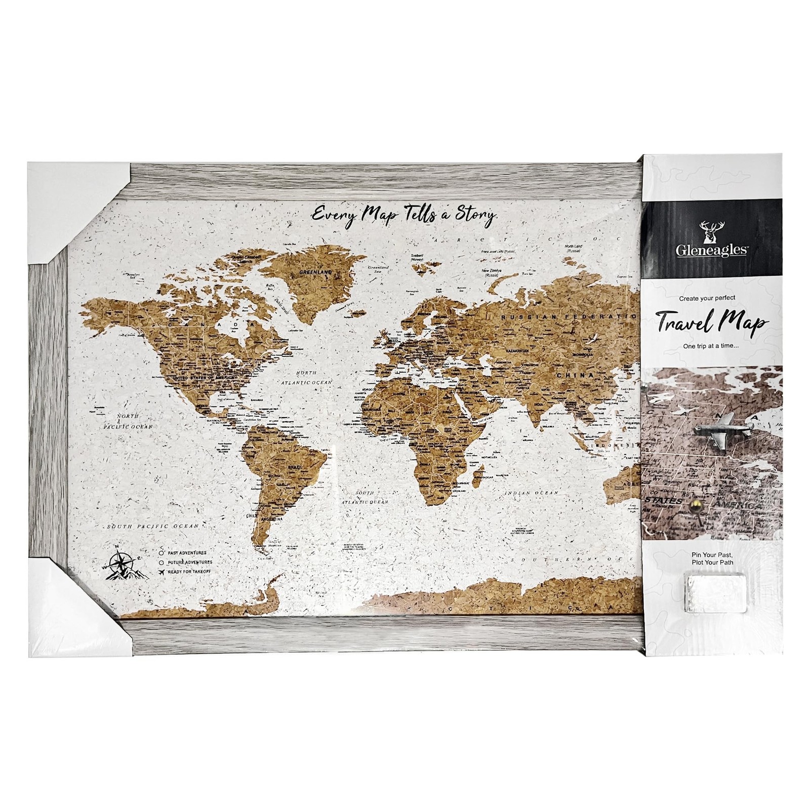 Gleneagles World Travel Map with Pins – Gray Frame Cork Board 70 Push Pins In…