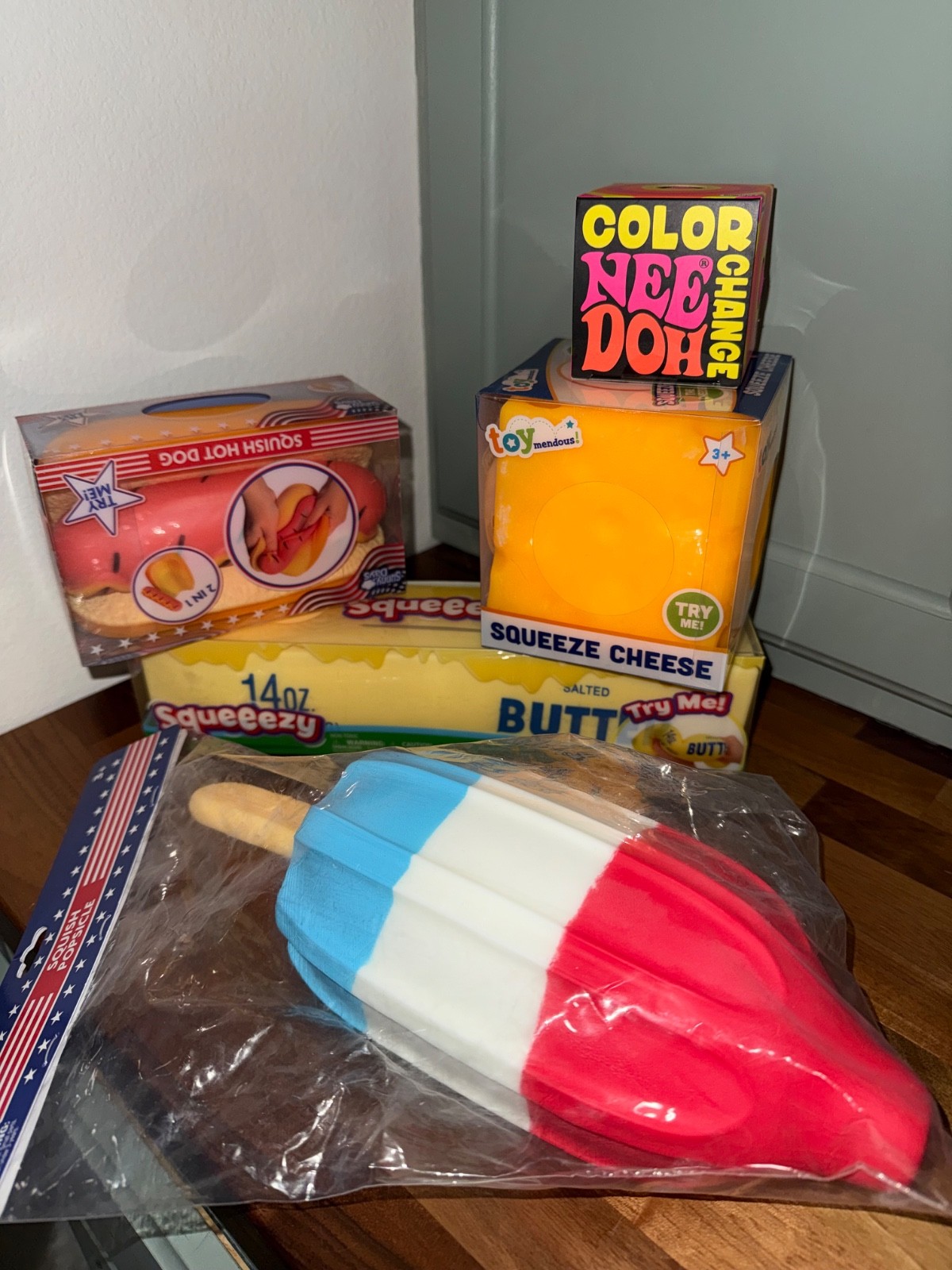 (5) Needoh Sunny Days Jumbo Squeeezy Butter Hot Dog Popsicle cheese Squishy Toy