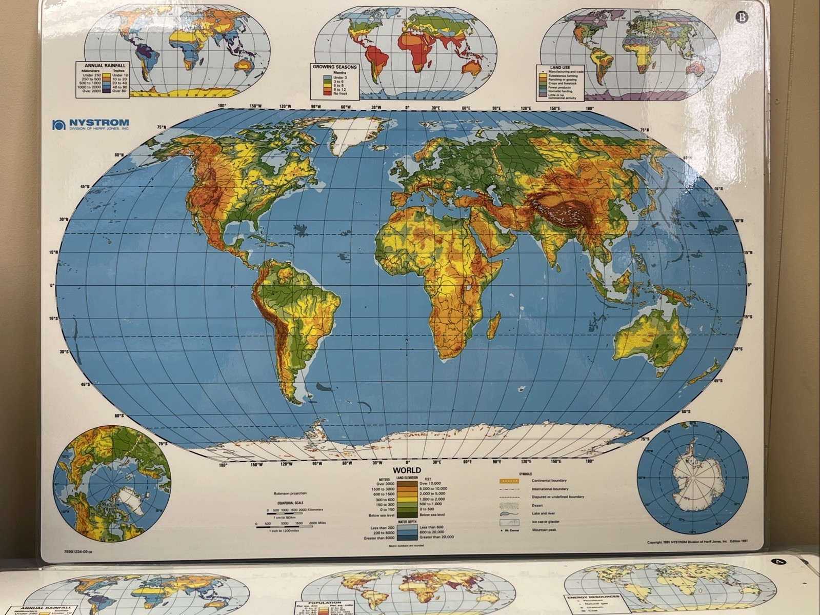 NYSTROM MAPS -WORLD # 2HG99- DOUBLE SIDED LAMINATED 22.5X17.5